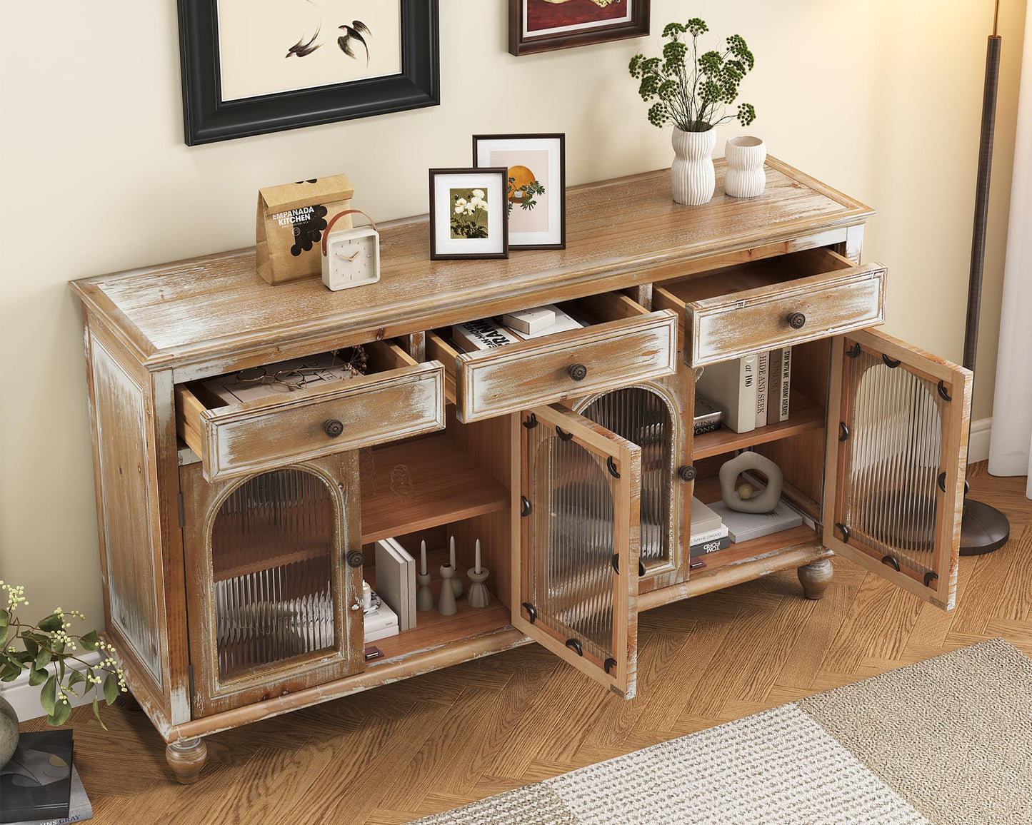 LKTART 60" Farmhouse Sideboard Buffet,Solid Fir Wood Frame with Hollowed-Out Carved Doors,Hand-Distressed Design,Versatile Storage Cabinet for Kitchen, Living Room,Natural Wood