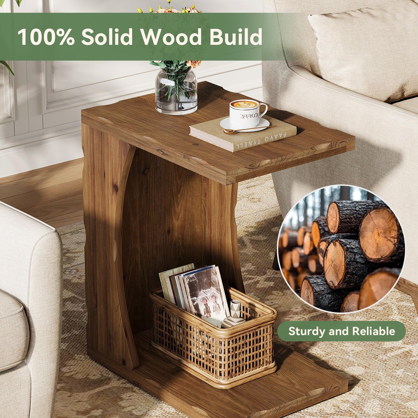 C-Shaped End Table for Living Room, Solid Wood Narrow Skinny Side Table for Couch, Farmhouse Bedside Nightstand with Storage Shelf for Bedroom, Small Place, Easy Assembly, Rustic Brown,1PCS