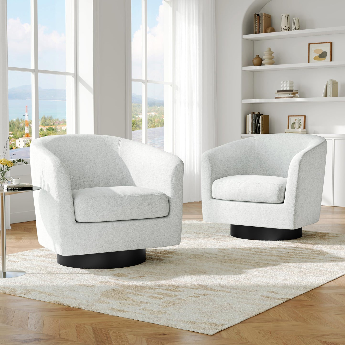 Swivel Barrel Accent Chairs Set of 2, Modern 360° Swivel Round Barrel Chair with Curve Back, Upholstered Velvet Fabric Armchair Single Sofa Club Chair for Living Room, Bedroom, Coffee