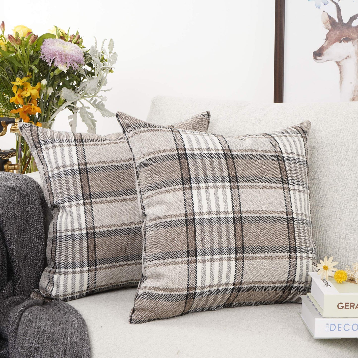 YOUR SMILE Retro Farmhouse Outdoor Buffalo Tartan Chequer Plaid Cotton Linen Decorative Throw Pillow Case Cushion Cover Pillowcase for Sofa 18 x 18 Inch, Set of 2, Khaki/Stripe