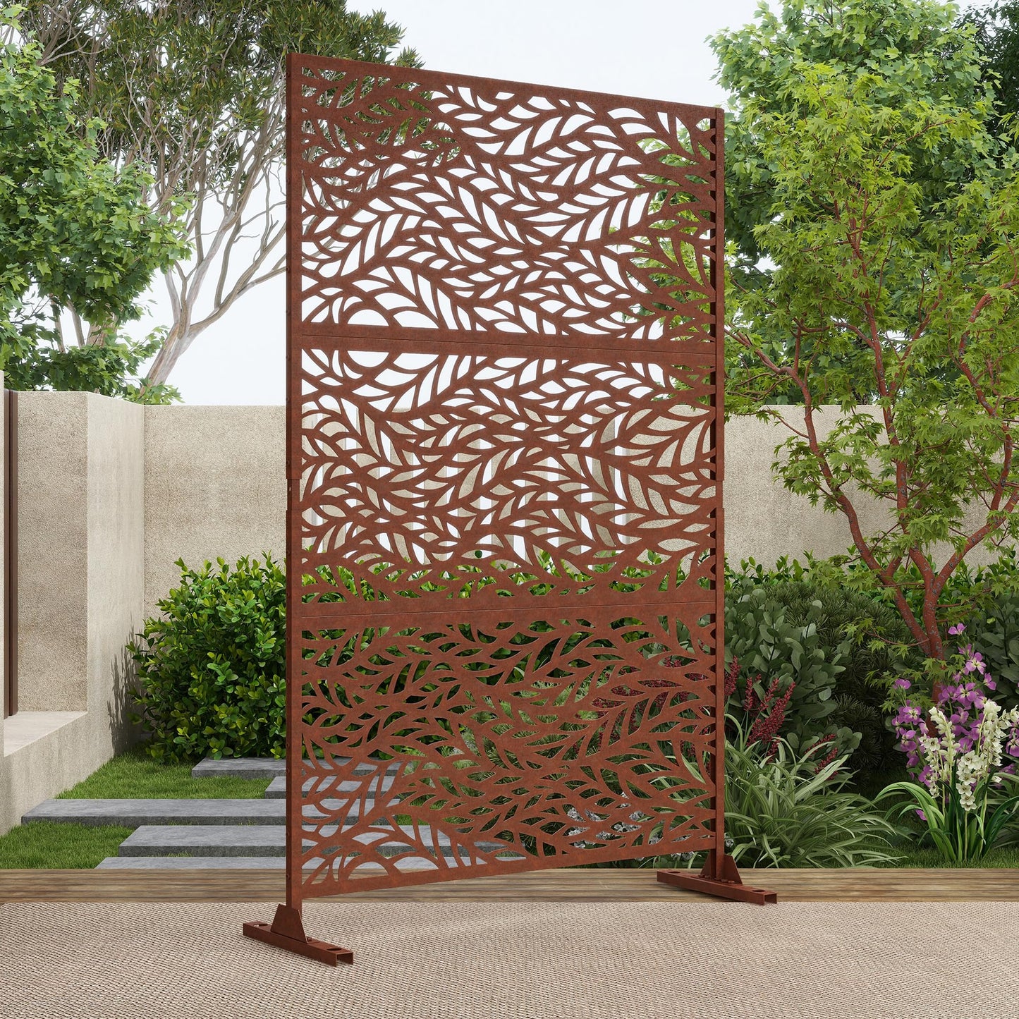 Outdoor Metal Privacy Screen with Stand, 72" H x 47" W Freestanding Outdoor Patio Divider, Decorative Patio Privacy Fence Panel for Garden Backyard Balcony Porch (Brown-Crossbanding)