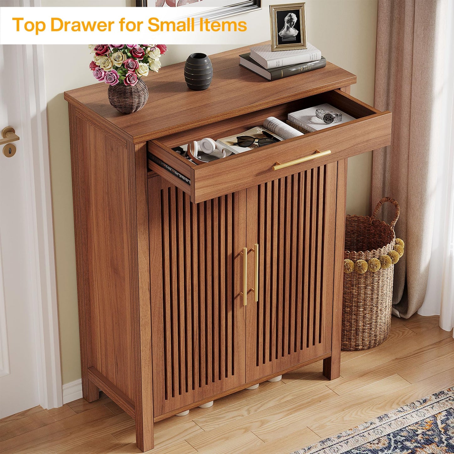 Tribesigns Shoe Cabinet, 5-Tier Shoe Storage Cabinet with Louvered Doors and Drawer, Freestanding Wooden Shoe Rack Organizer with Adjustable Shelves for Entryway, Hallway, Closet, Brown