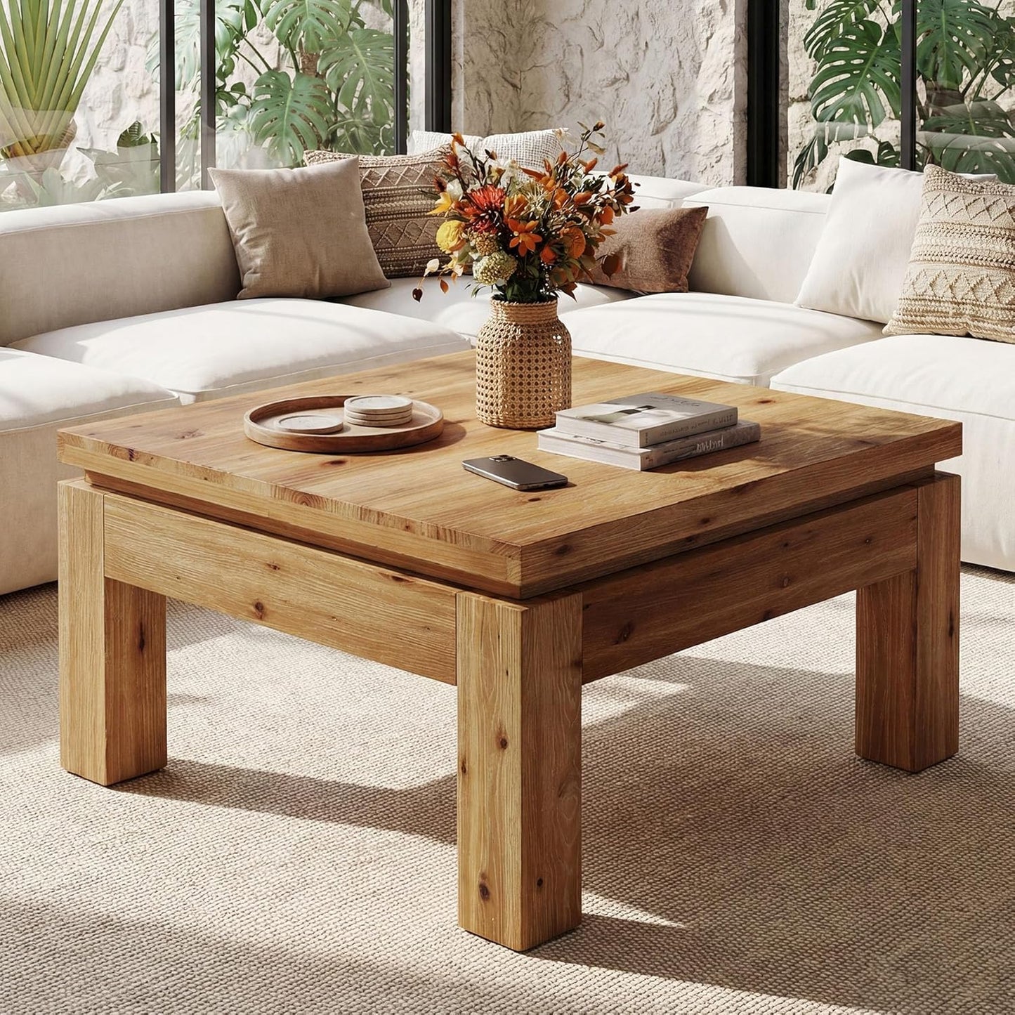 Farmhouse Coffee Table, 31.5" Solid Wood Square Coffee Table for Living Room, Apartment, Small Spaces (Natural Brown)