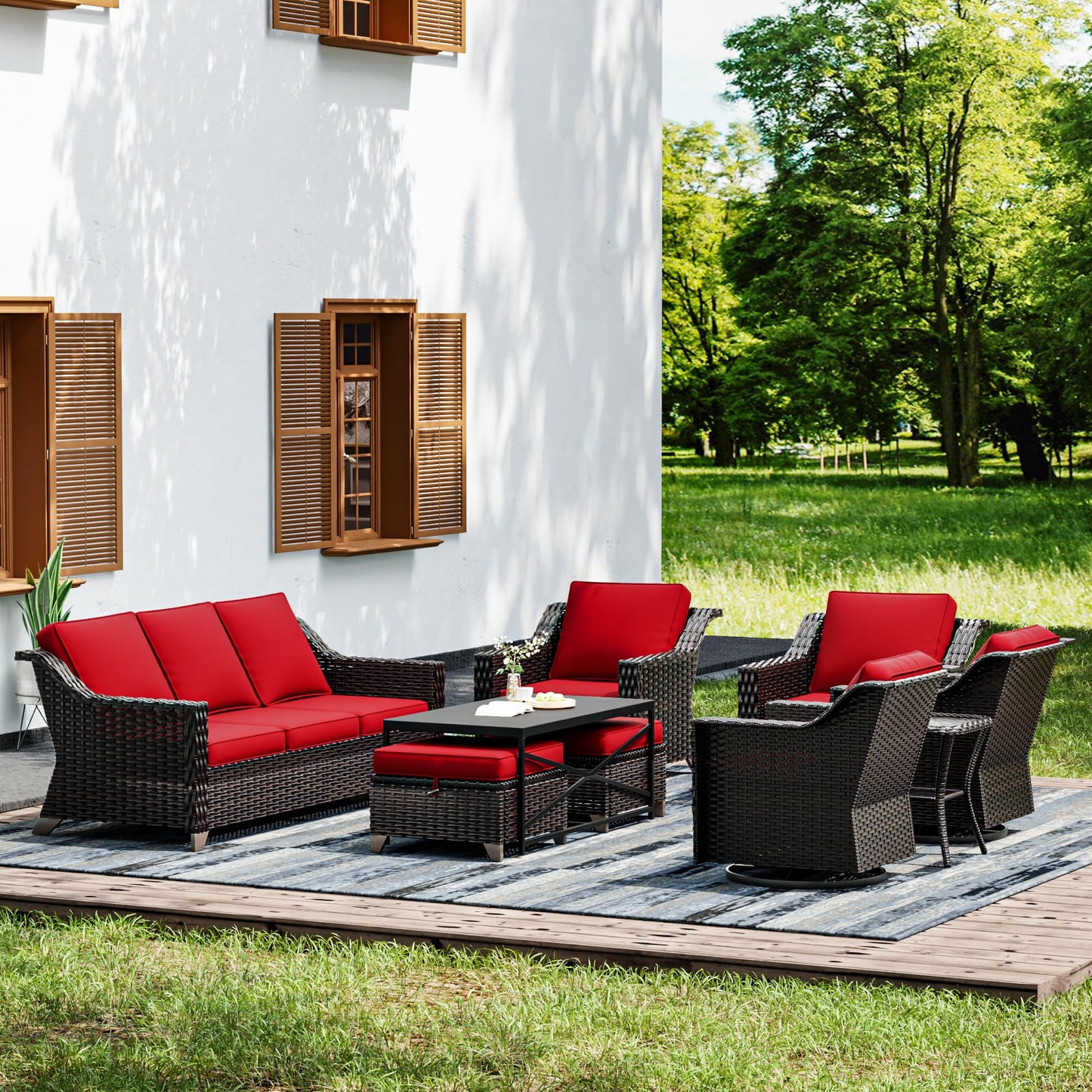 Joyside Patio Sofa - 3 Seater Rattan Sofa, All Weather High Back Sofa, Upgraded Large Size with 4inch Seat Cushions for Backyard, Garden, Poolside (Brown/Blue)