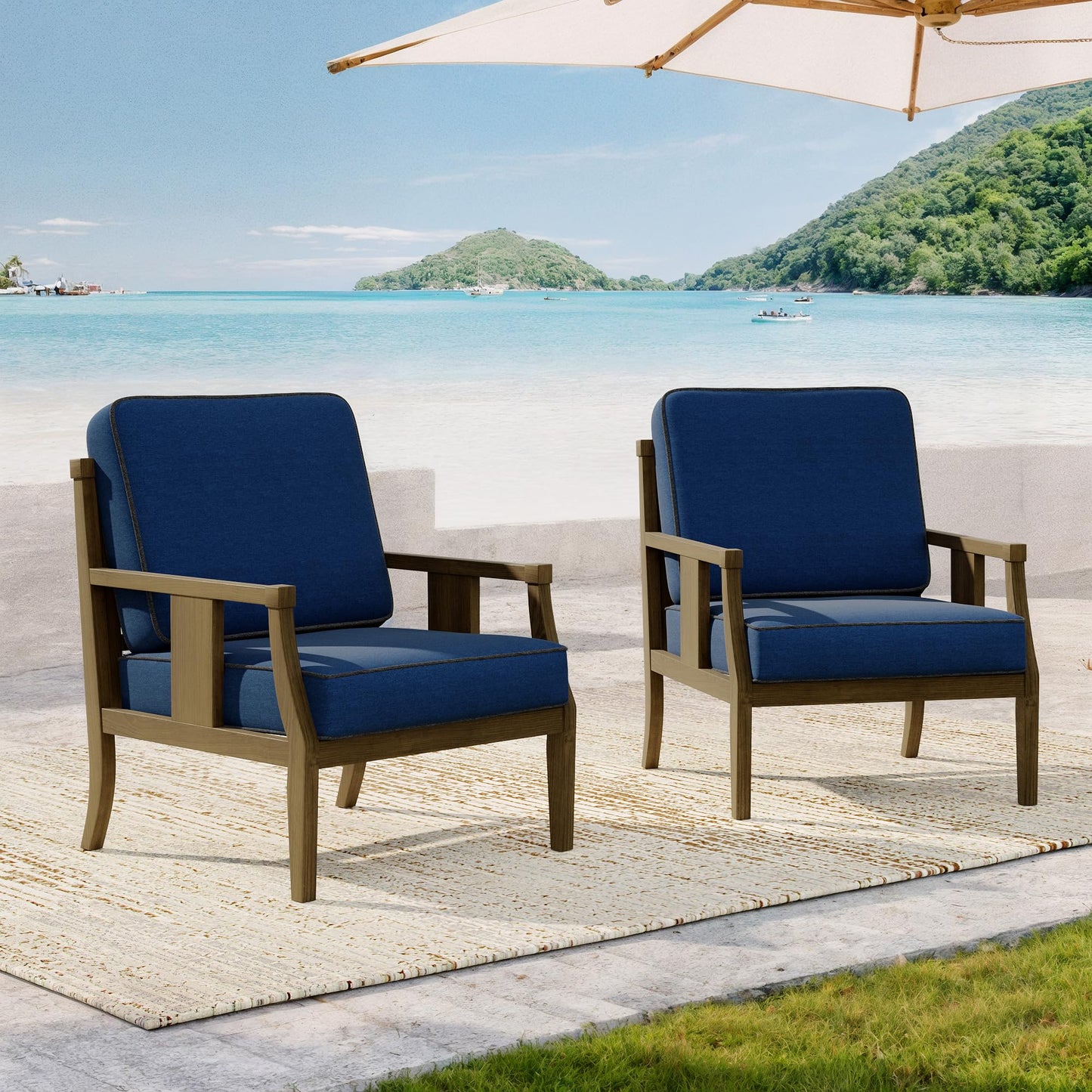 Outdoor Patio Armchairs Set of 2, All-Weather Solid Wood Patio Furniture Sets, Outdoor Sofa Chairs with Washable Thick Cushions for Porch, Balcony, Deck, Black Frame & Gray Cushion