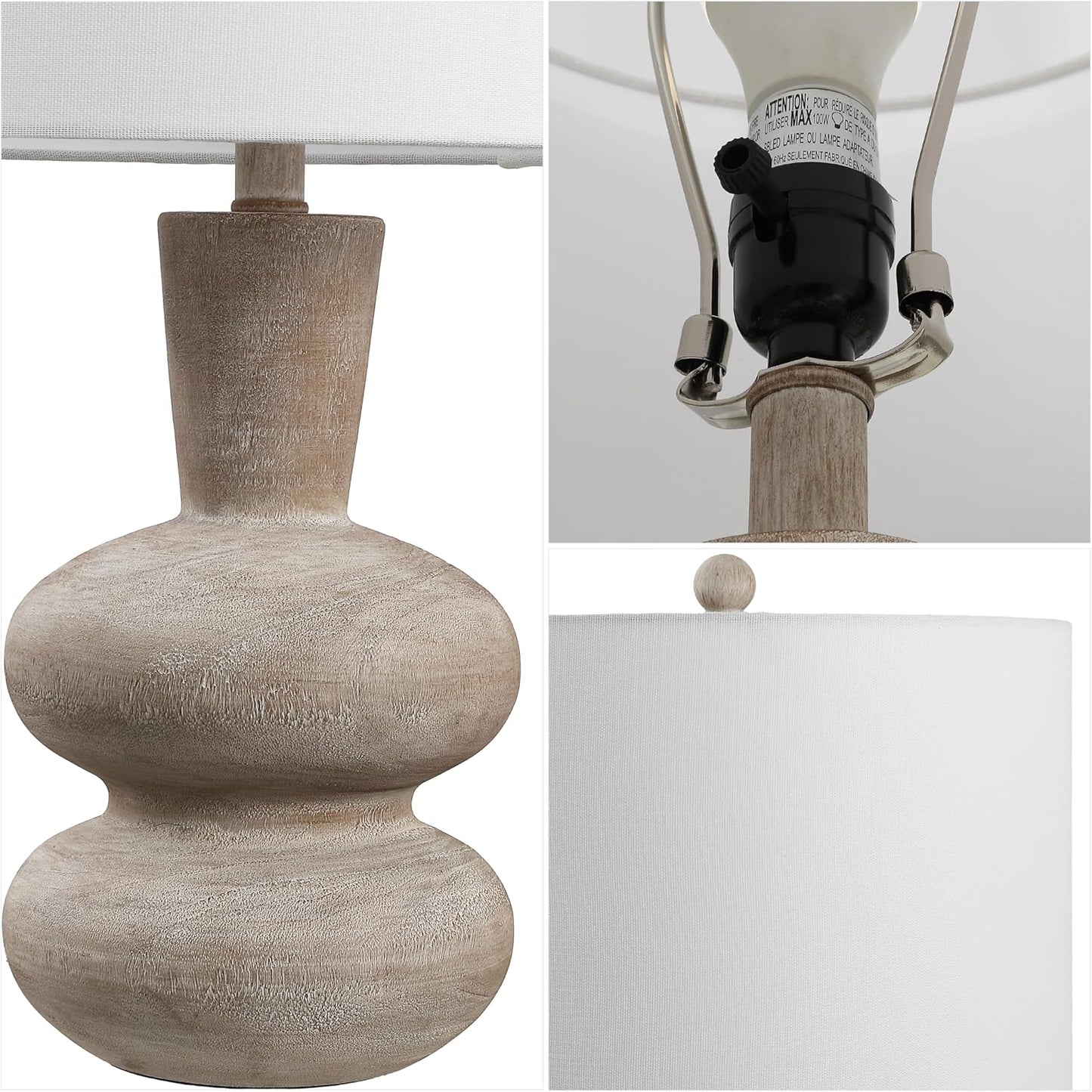 JONATHAN Y 24" Antique Brown Modern Minimalist Sculptural Oak-Grain Resin LED Table Lamp for Living Room Bedroom, White Linen Drum Shade, LED Bulb Included JYL5708A