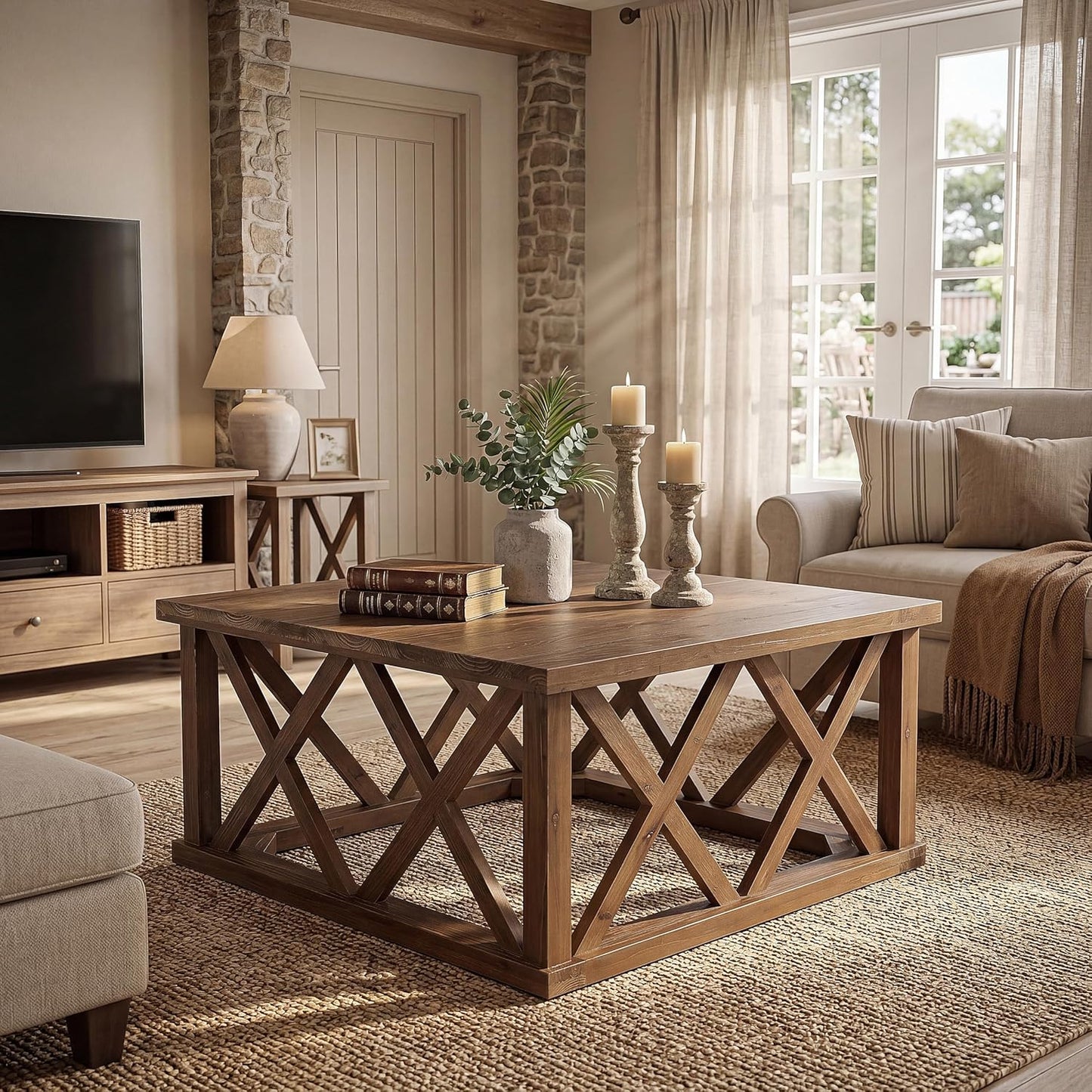 Solid Wood Coffee Table, 39.37-Inch Square Center Table with Reinforced X-Frame & Sturdy Base, Farmhouse Low Cocktail Tea Table for Living Room, Apartment, Office, Easy Assembly, Brown