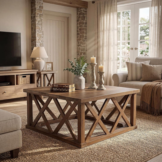 Solid Wood Coffee Table, 39.37-Inch Square Center Table with Reinforced X-Frame & Sturdy Base, Farmhouse Low Cocktail Tea Table for Living Room, Apartment, Office, Easy Assembly, Brown