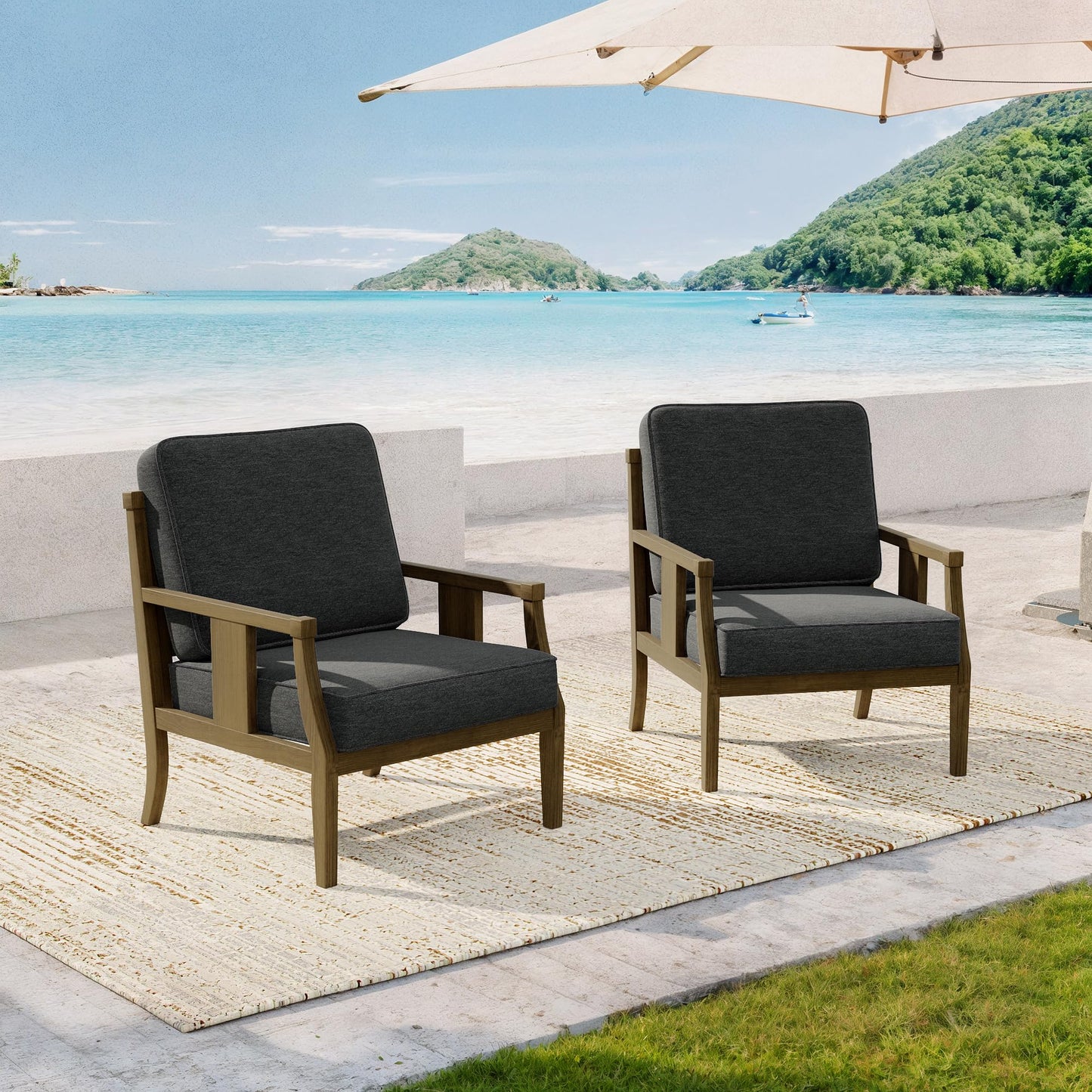 Outdoor Patio Armchairs Set of 2, All-Weather Solid Wood Patio Furniture Sets, Outdoor Sofa Chairs with Washable Thick Cushions for Porch, Balcony, Deck, Black Frame & Gray Cushion