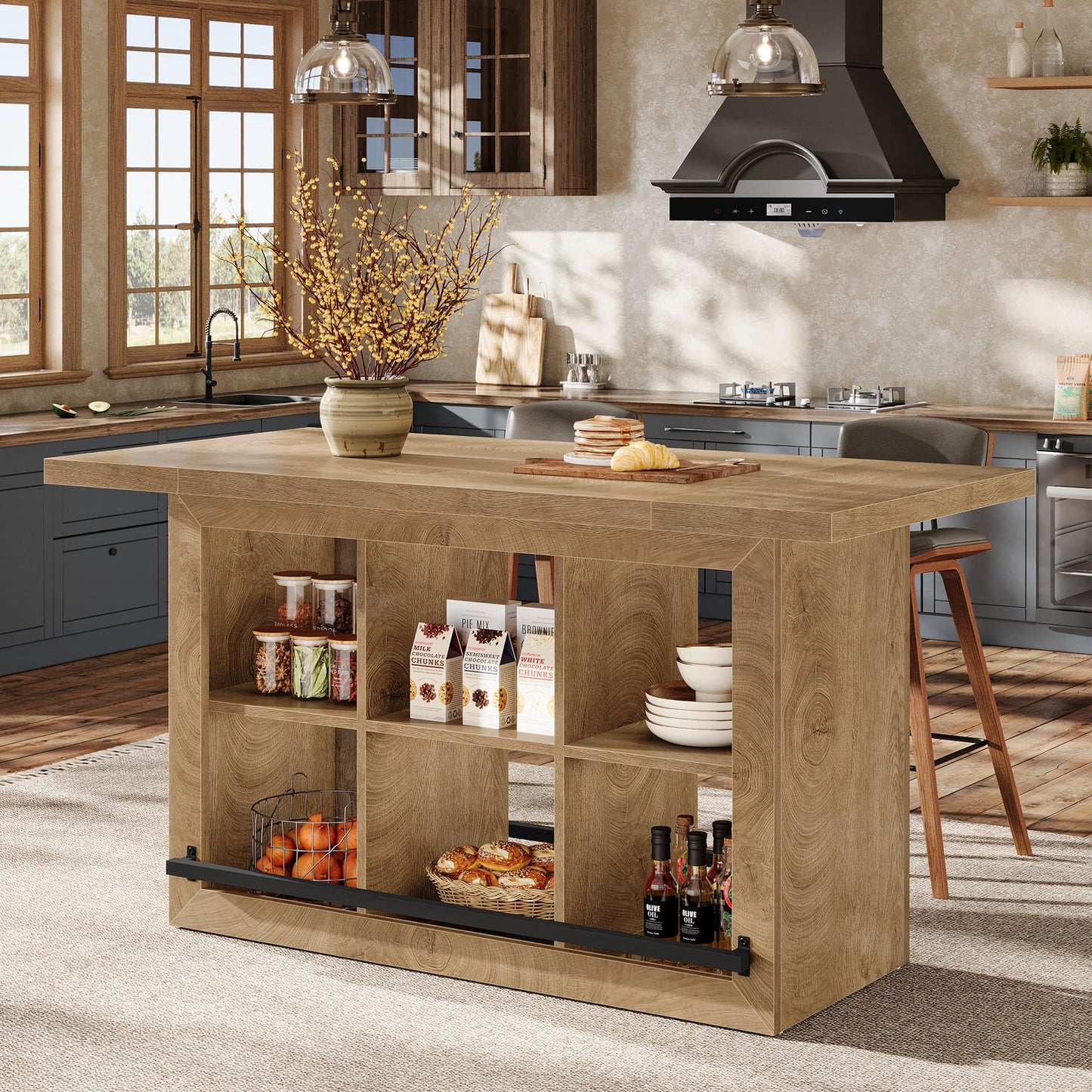 Tribesigns Kitchen Island with Storage, Counter Height Kitchen Island Table with 6 Open Cubbies and Footrests, Coffee Bar Table for Dining Room, Black&Brown