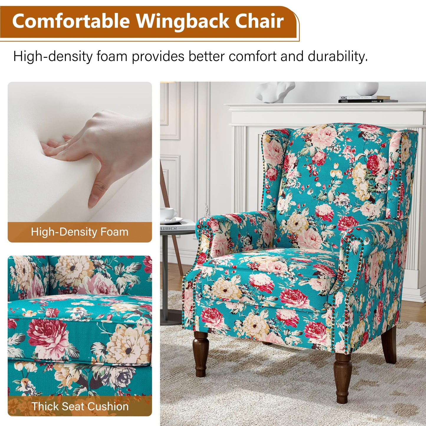 Floral Wingback Accent Chair, High Back Upholstered Armchair, Comfy Fabric Wingback Arms Chairs with Solid Wood Legs, Single Sofa Reading Chair for Bedroom Living Room, Beige