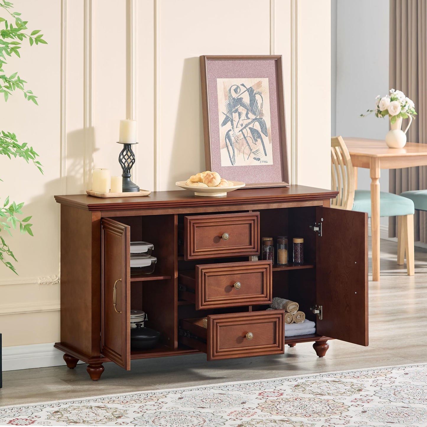 LKTART 40" Sideboard Buffet Accent Storage Cabinet with Carved Pattern Side Board Solid Wood Frame for Kitchen, Living Room, Entryway,Hallway (Blue+Brown)