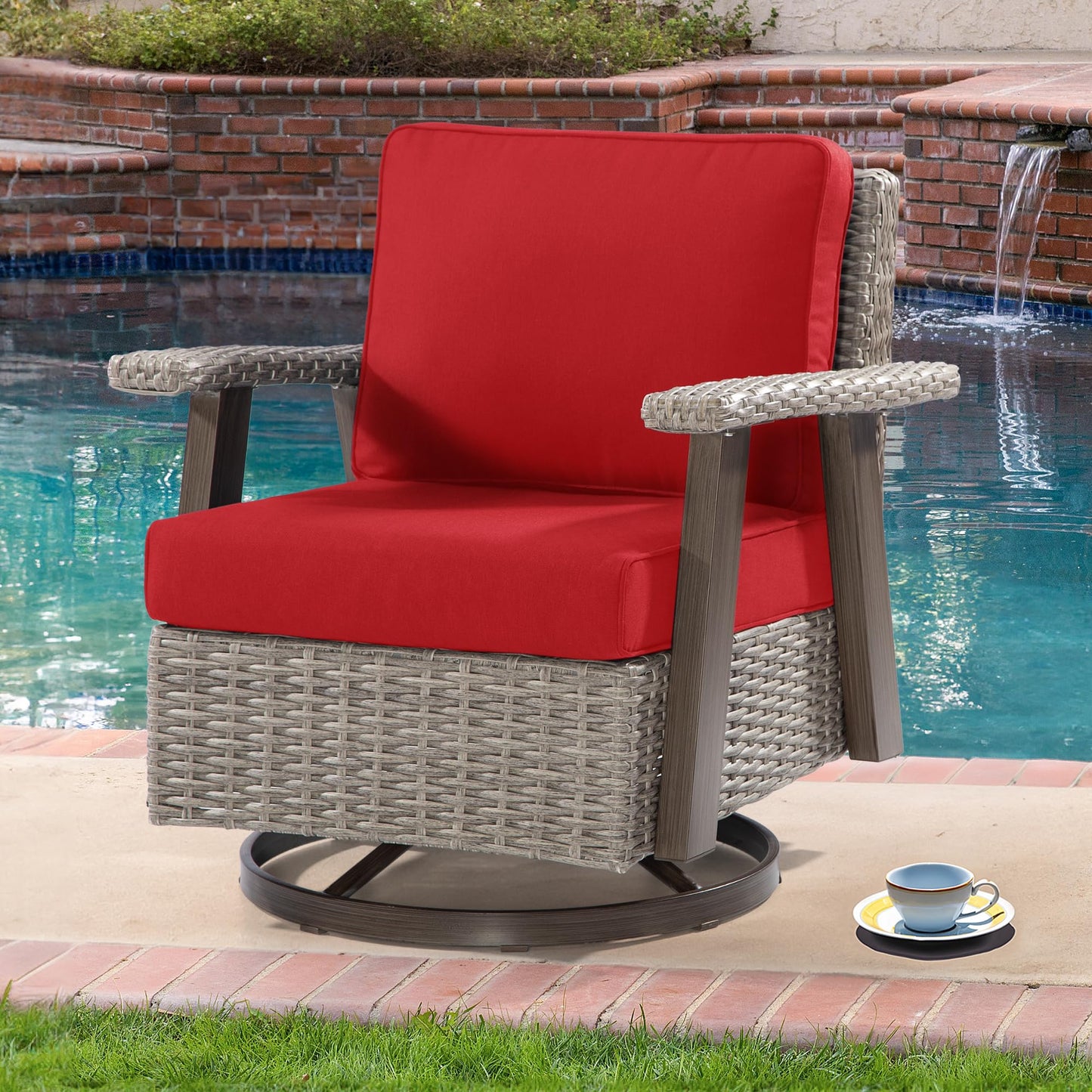 Joyside Patio Chair - Outdoor 360 Degree Swivel Rocker Chair with Durable Fabric Cushion and Ergonomic Structure, Patio Wicker Dining Chair(Grey/Dark Blue)