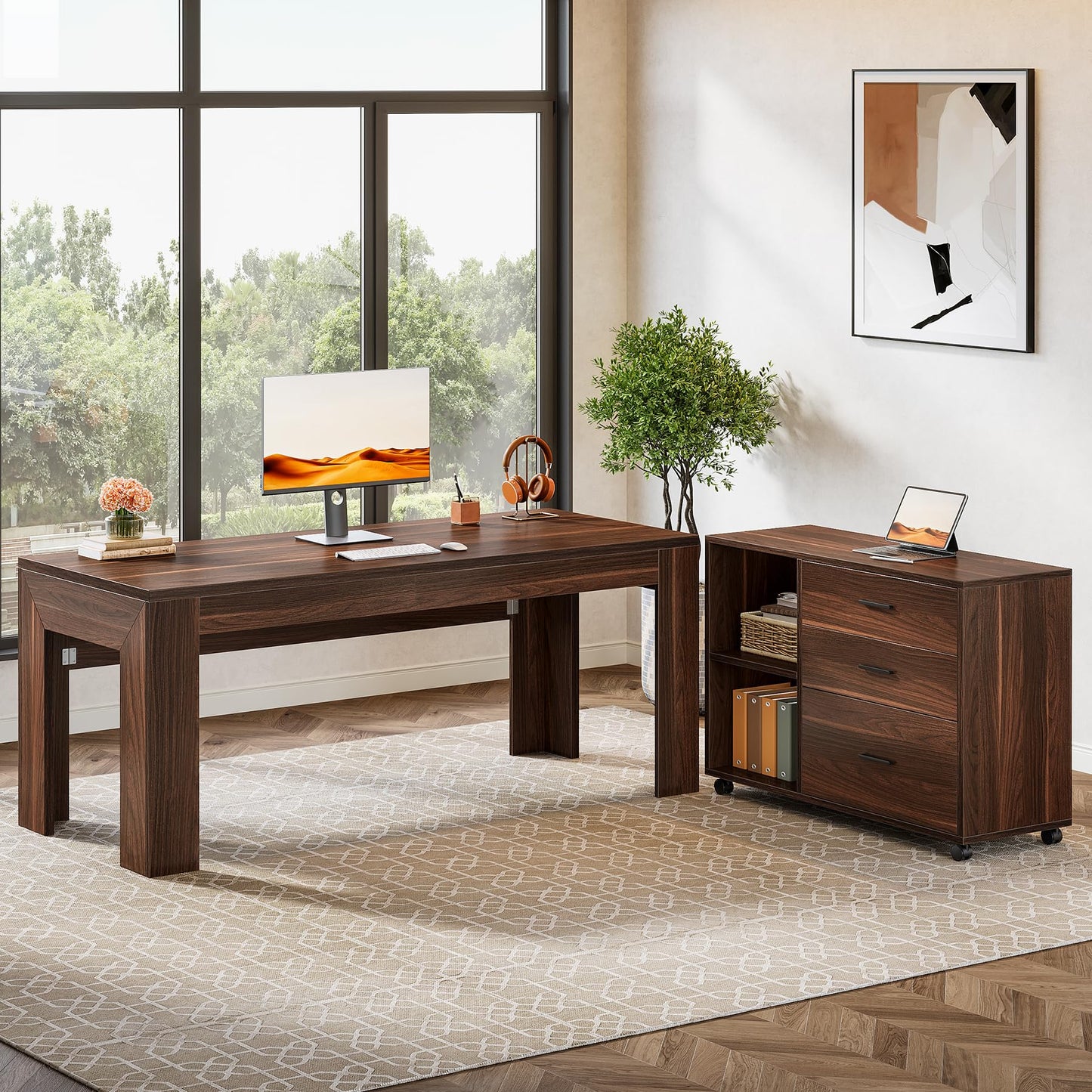 Tribesigns 63" L Shaped Desk with Storage, Executive Office Desk with Rolling File Cabinet Combo, Large Computer Table with Drawers and Shelves, Business Furniture Set for Home Office, Brown