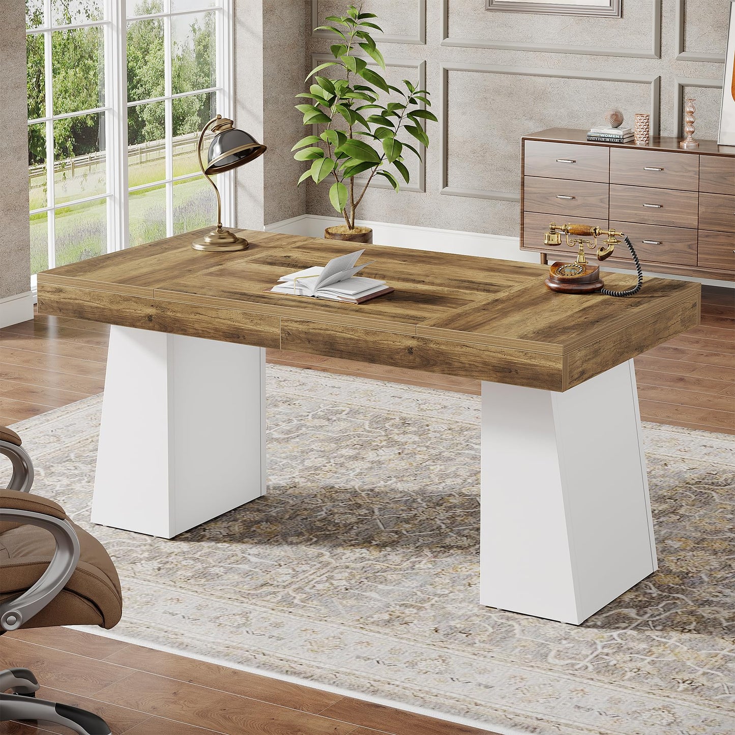 Tribesigns 55 Inches Executive Desk, Mid-Century Modern Home Office Desk, Wood MDF Computer Table Business Workstation Small Conference Table, Light Brown
