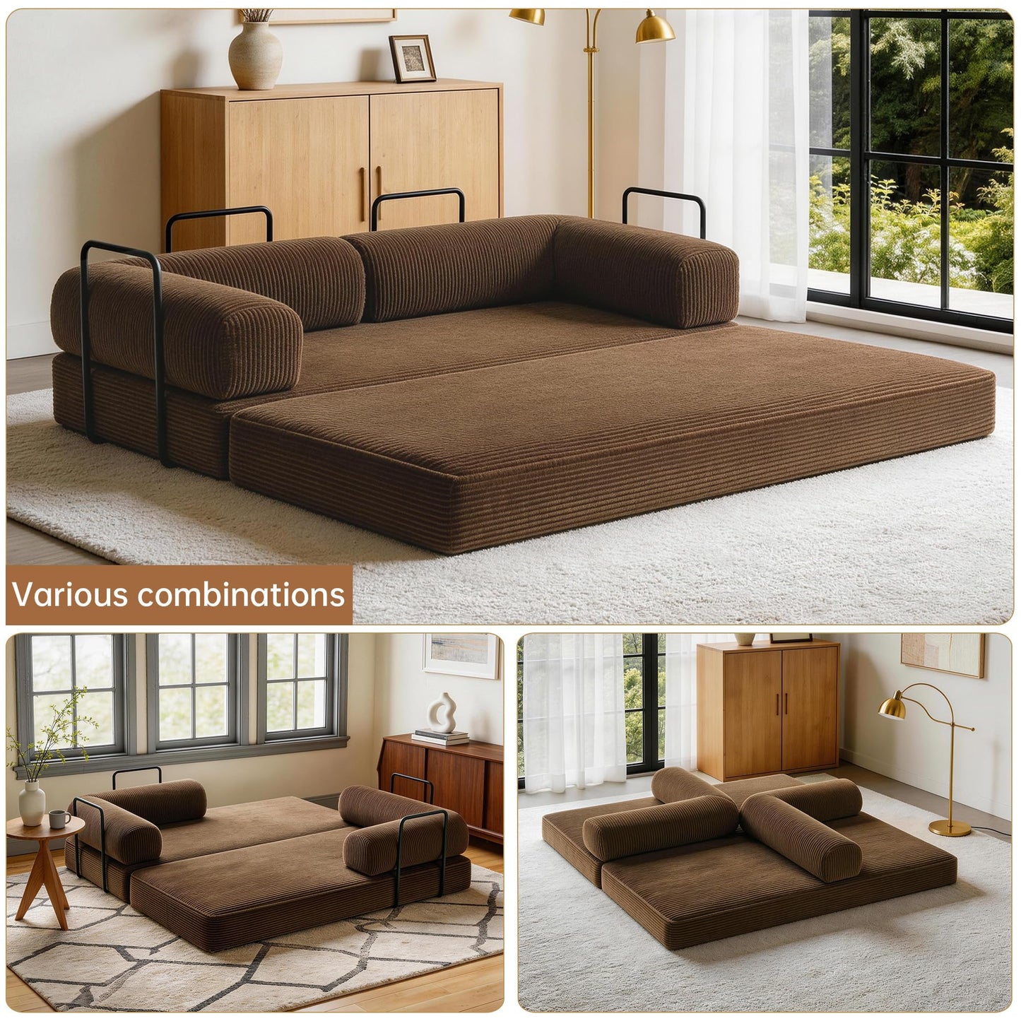 79'' Convertible Sleeper Sofa Bed, 4-in-1 Corduroy Folding Floor Couch, No Assembly Modular Boneless Loveseat with Pull Out Bed, Comfy Foldable Sofa Bed for Living Room Bedroom Guest Room, Gray