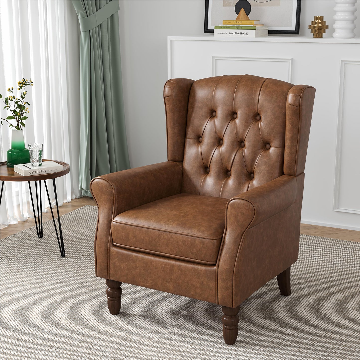 Faux Leather Wingback Chairs Set of 2, High Back Accent Chair for Living Room, Button-Tufted Upholstered Armchair with Solid Wood Legs, Comfy Reading Chair for Bedroom, Brown