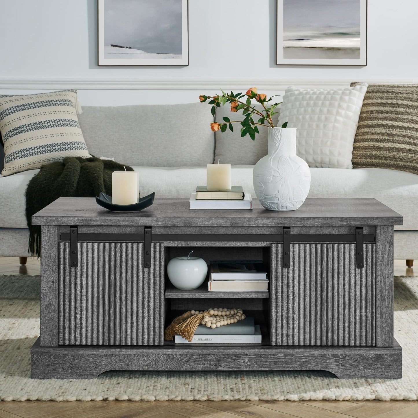 LKTART Farmhouse Coffee Table with Storage and Sliding Barn Door, Rustic Rectangular Center Table for Living Meeting Room,Office (41.3" W x 23.3" D)
