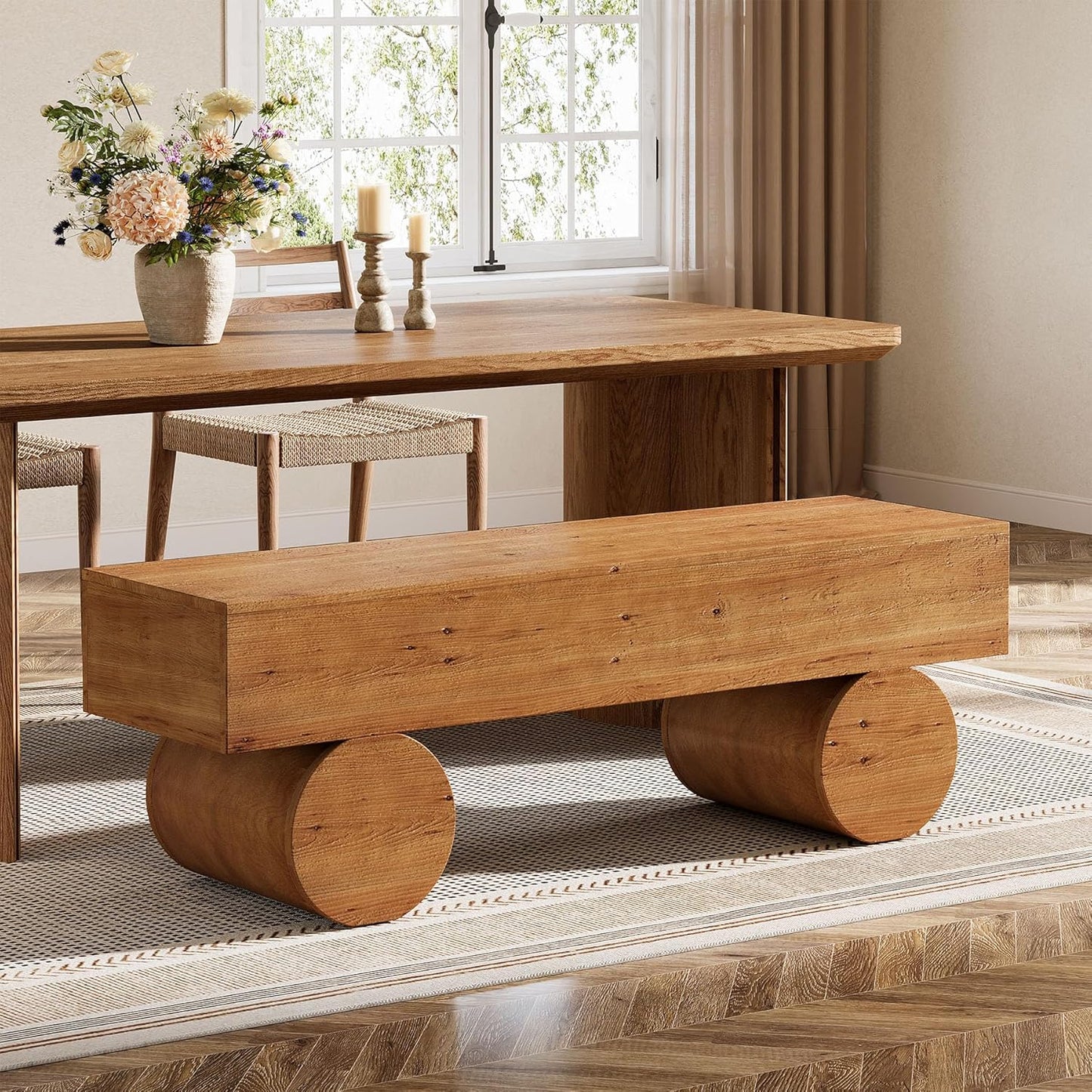 Solid Wood Dining Bench, 59” Farmhouse Indoor Long Kitchen Table Bench with Thickened Seat & Cylindrical Legs for Dining Room, Kitchen, Restaurant, Easy to Assemble, Brown