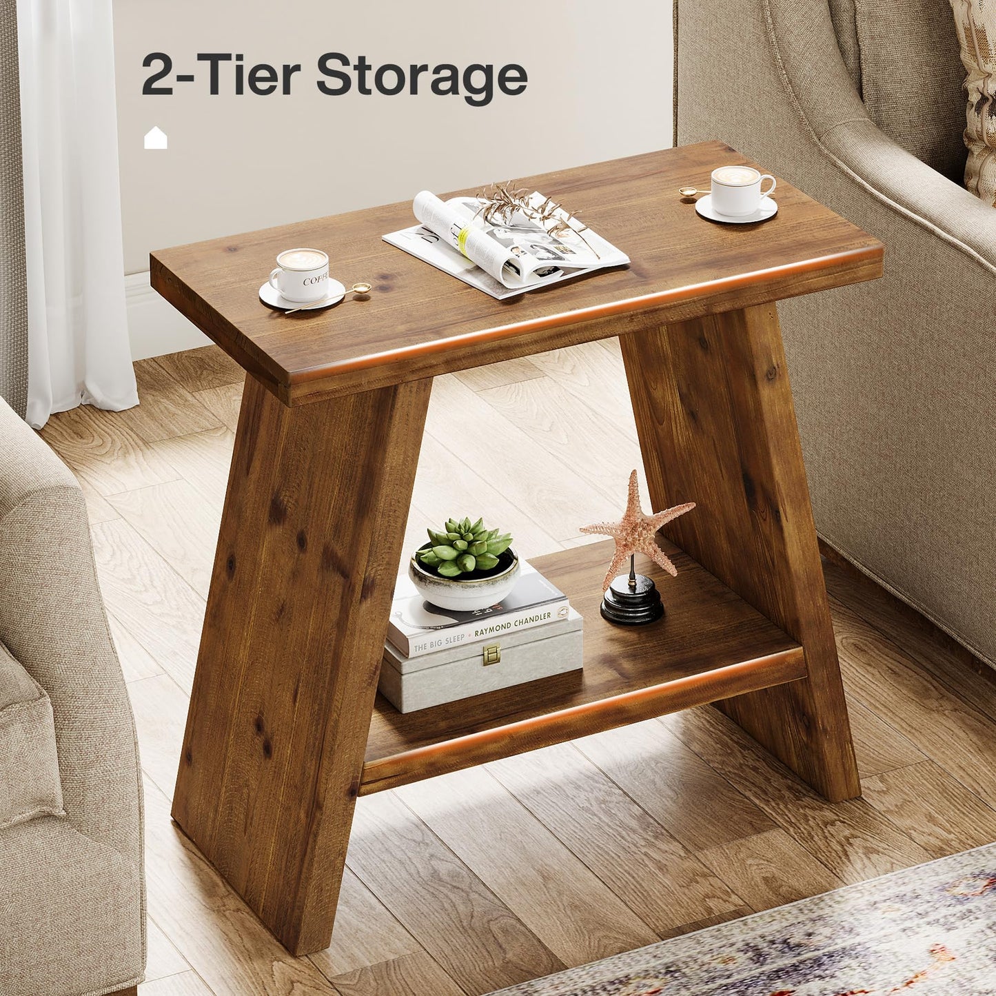 Solid Wood End Table for Living Room, Narrow Small Side Table with 2-Tier Storage, Farmhouse Bedside Nightstand for Bedroom, Small Places, Rustic Brown (1PCS)