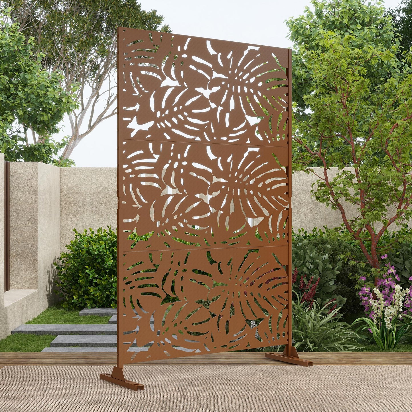 Outdoor Metal Privacy Screen with Stand, 72" H x 47" W Freestanding Outdoor Patio Divider, Decorative Patio Privacy Fence Panel for Garden Backyard Balcony Porch (Brown-Crossbanding)