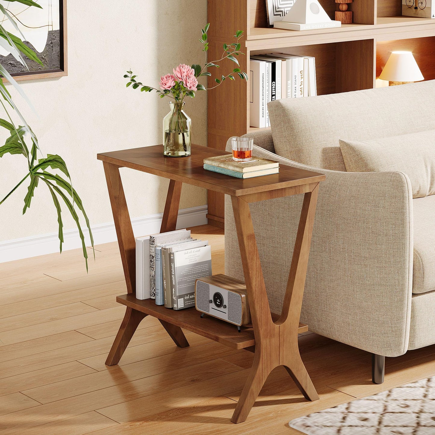 Solid Wood End Table for Living Room, 2-Tier Storage Shelves Sofa Couch Side Table with Sturdy Legs, Wooden Narrow Retro Nightstand for Small Spaces, Bedroom, Apartment