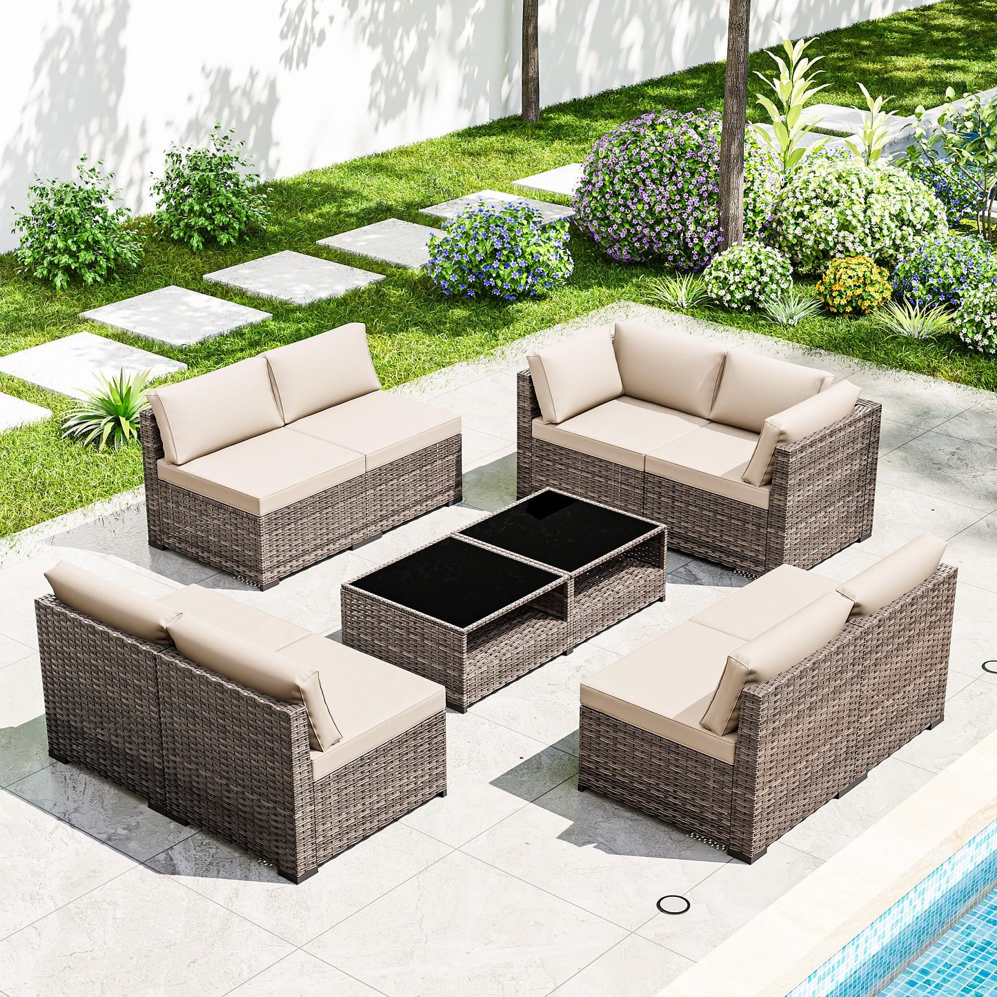 Joyside 5-Piece Patio Furniture Set, Rattan Outdoor Sectional Wicker Patio Conversation Set with Cushions and Coffee Table