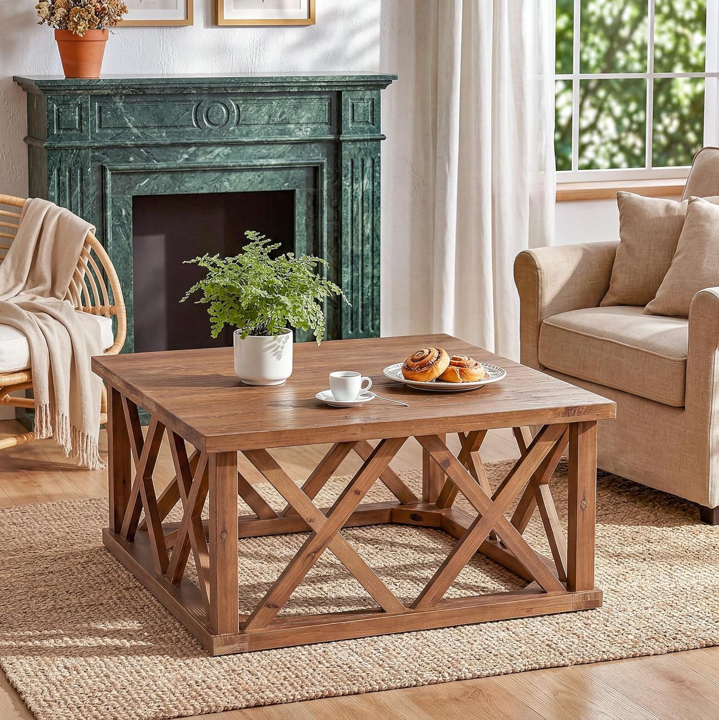 Solid Wood Coffee Table, 39.37-Inch Square Center Table with Reinforced X-Frame & Sturdy Base, Farmhouse Low Cocktail Tea Table for Living Room, Apartment, Office, Easy Assembly, Brown