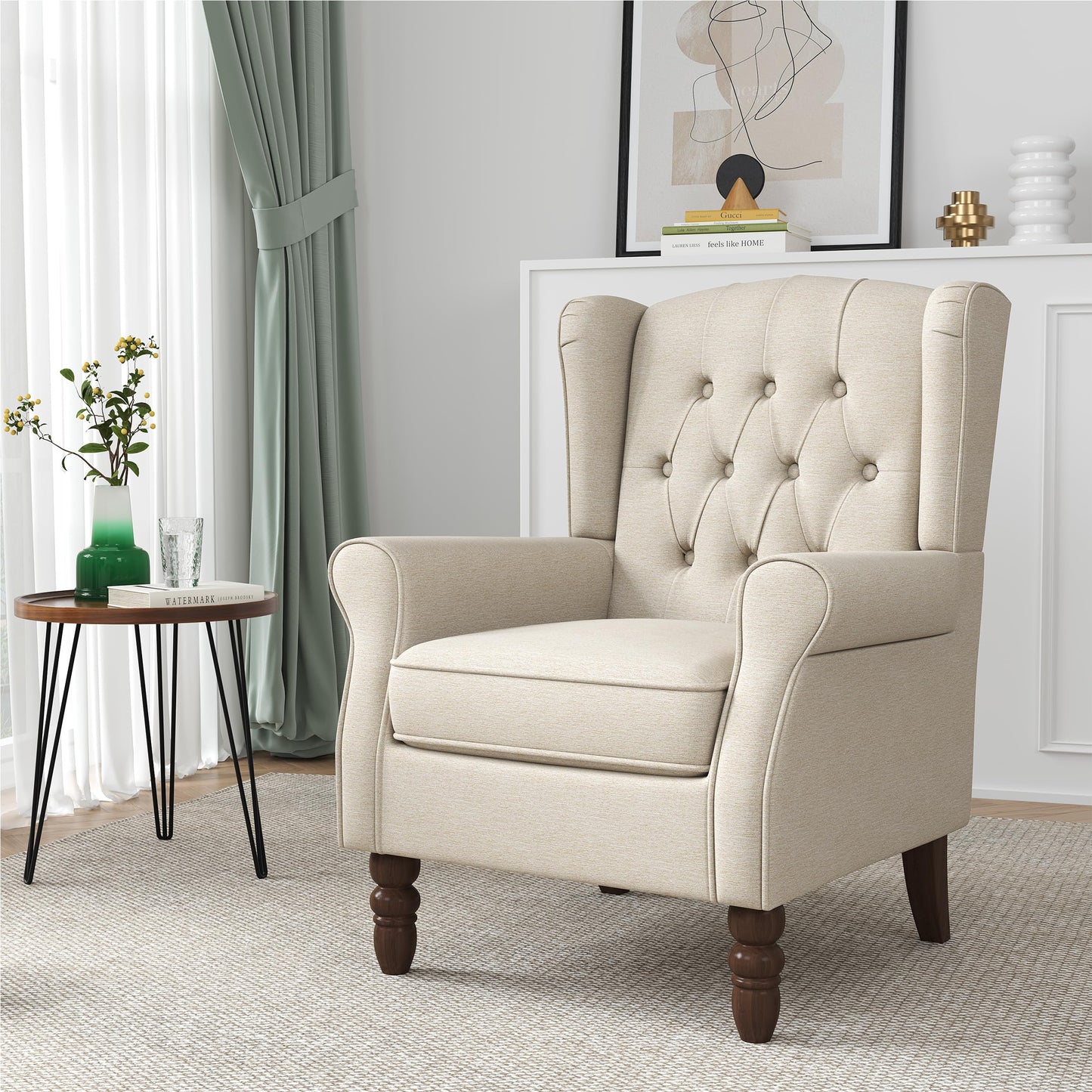 Faux Leather Wingback Chairs Set of 2, High Back Accent Chair for Living Room, Button-Tufted Upholstered Armchair with Solid Wood Legs, Comfy Reading Chair for Bedroom, Brown