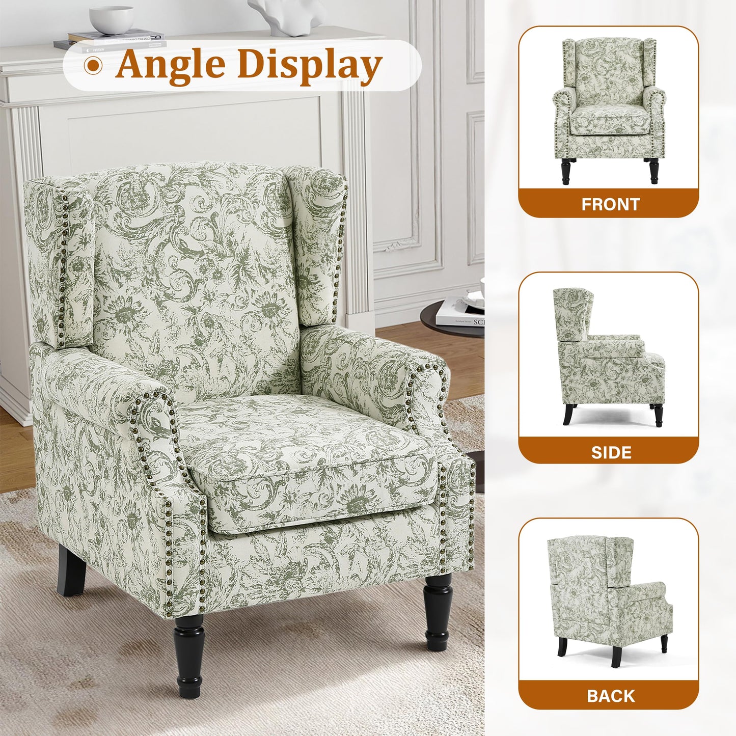 Floral Wingback Accent Chair, High Back Upholstered Armchair, Comfy Fabric Wingback Arms Chairs with Solid Wood Legs, Single Sofa Reading Chair for Bedroom Living Room, Beige