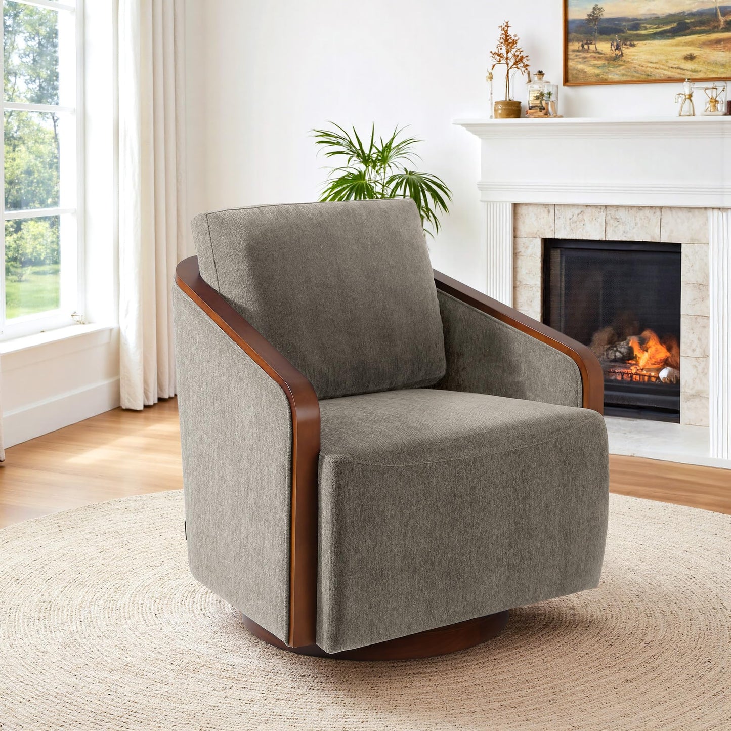 360° Swivel Barrel Chairs Set of 2, Upholstered Swivel Round Barrel Chair, Comfy Chenille Fabric Single Club Armchair Accent Chair for Living Room, Reading Room, Bedroom, Beige Brown