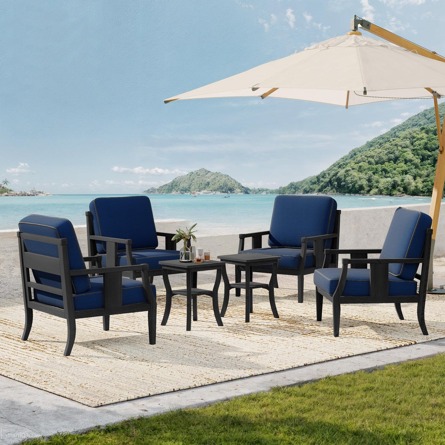 Outdoor Patio Armchairs Set of 2, All-Weather Solid Wood Patio Furniture Sets, Outdoor Sofa Chairs with Washable Thick Cushions for Porch, Balcony, Deck, Black Frame & Gray Cushion