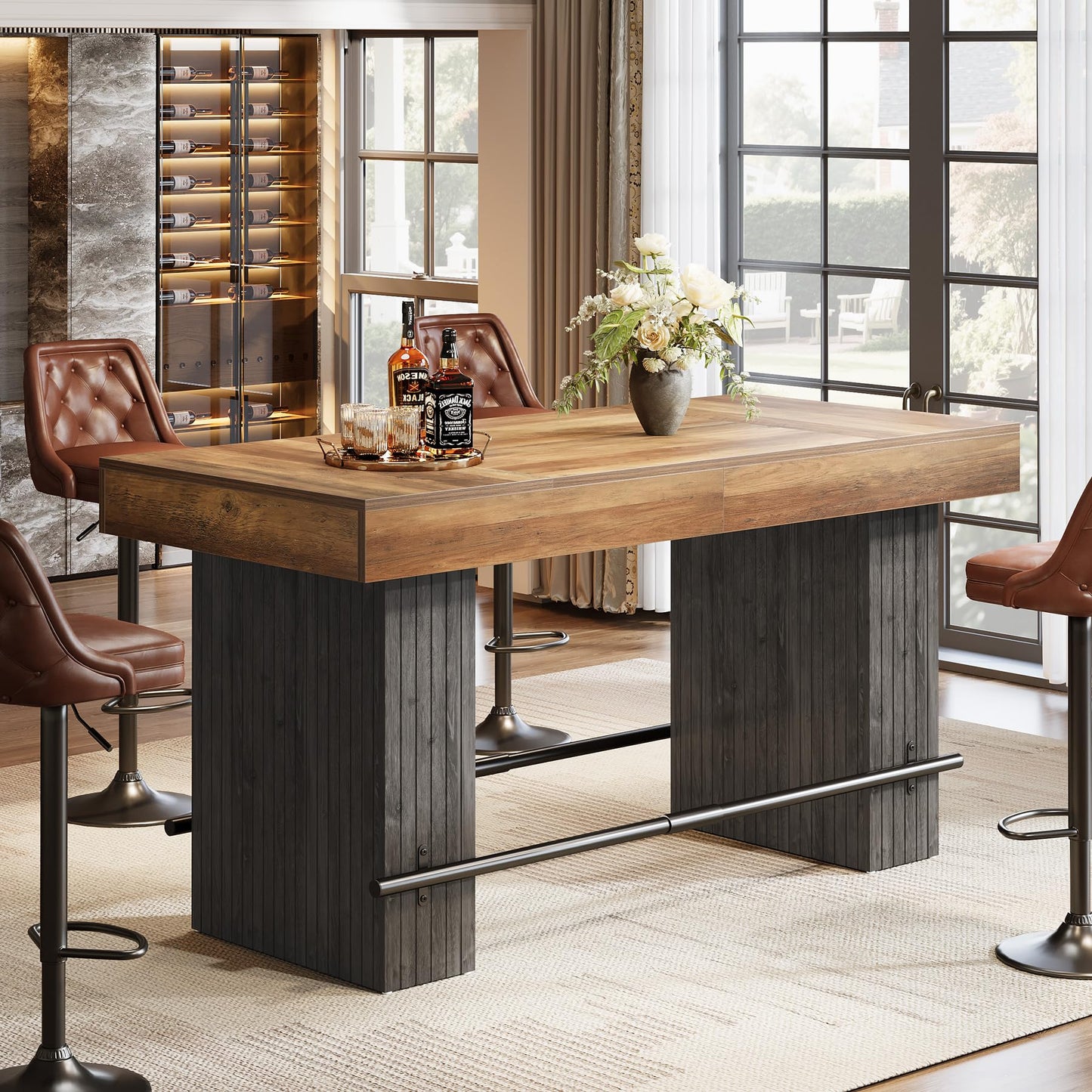 Tribesigns 62.2 Inch Bar Table, Industrial Counter Height Pub Dining Table, Rectangular Home Bar Units with Metal Footrest for Home Kitchen, Dining Room, Bistro, Brown and Dark Grey