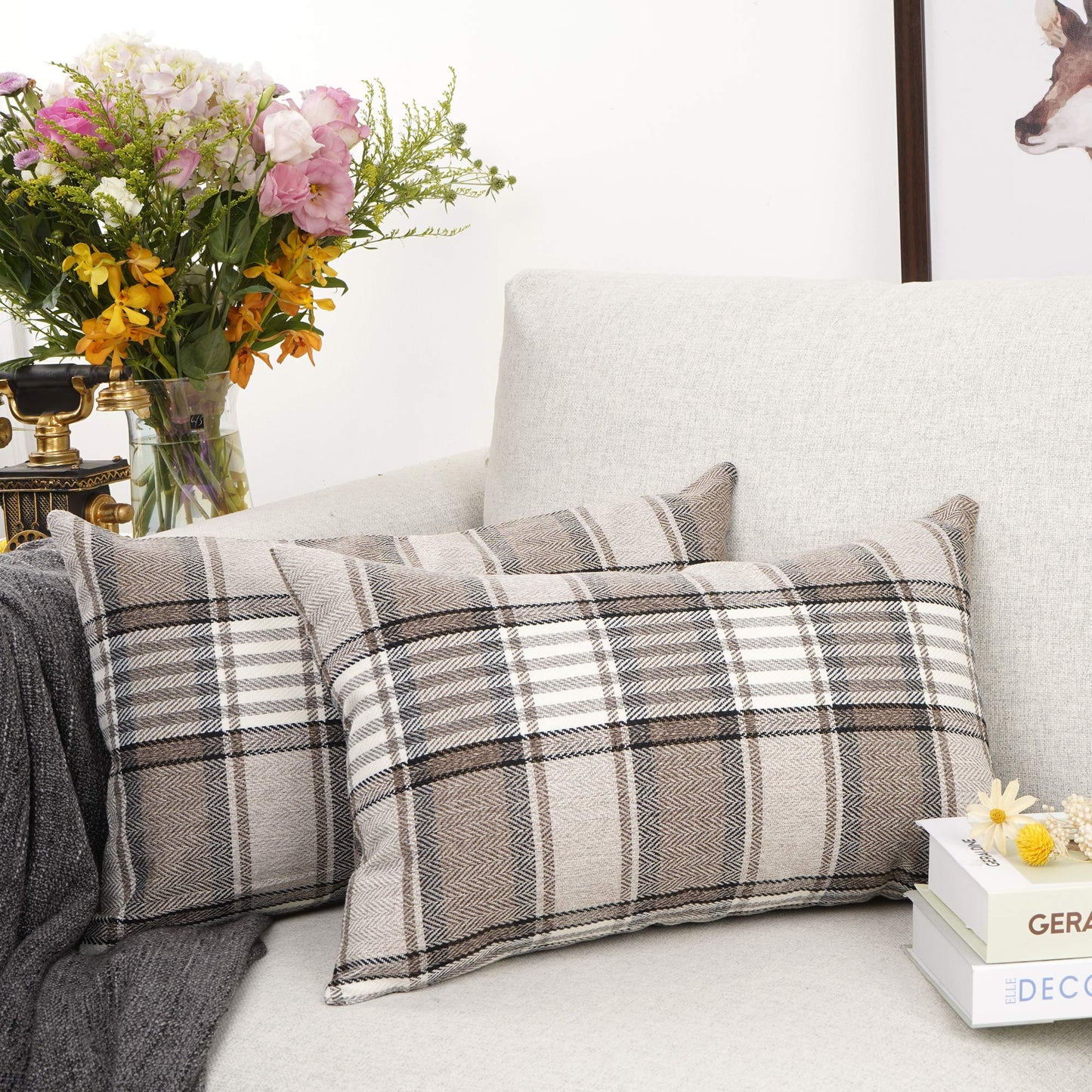 YOUR SMILE Retro Farmhouse Outdoor Buffalo Tartan Chequer Plaid Cotton Linen Decorative Throw Pillow Case Cushion Cover Pillowcase for Sofa 18 x 18 Inch, Set of 2, Khaki/Stripe
