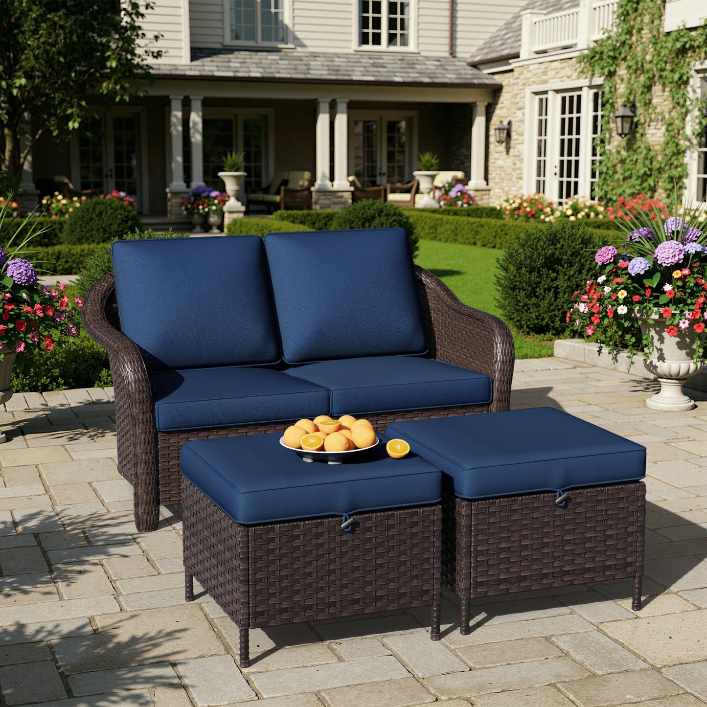 55 inch Outdoor Wicker 2 Seater Sofa, All-Weather Use Patio Rattan Loveseat with Seat and Back Cushion, Ideal for Porch, Backyard, Balcony, Poolside, Blue