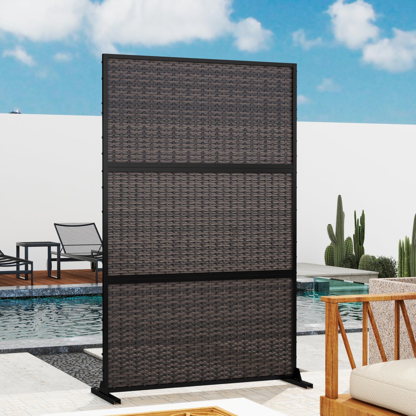 Outdoor Metal Privacy Screen with Stand, 72" H x 47" W Freestanding Outdoor Patio Divider, Decorative Patio Privacy Fence Panel for Garden Backyard Balcony Porch (Brown-Crossbanding)