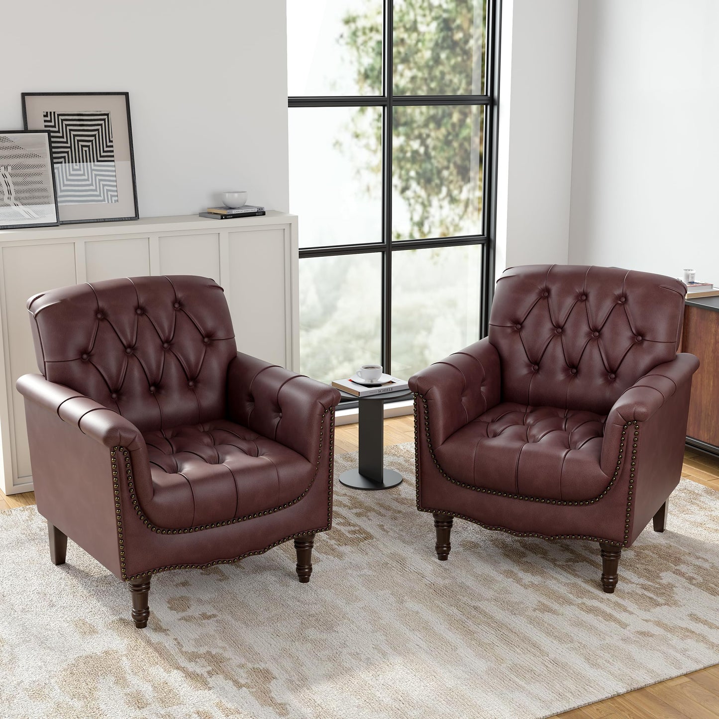 Faux Leather Club Chair, Retro Upholstered Armchair Accent Chair with Solid Wood Legs & Nailhead Trim for Living Room, Bedroom, Reading Room, Camel