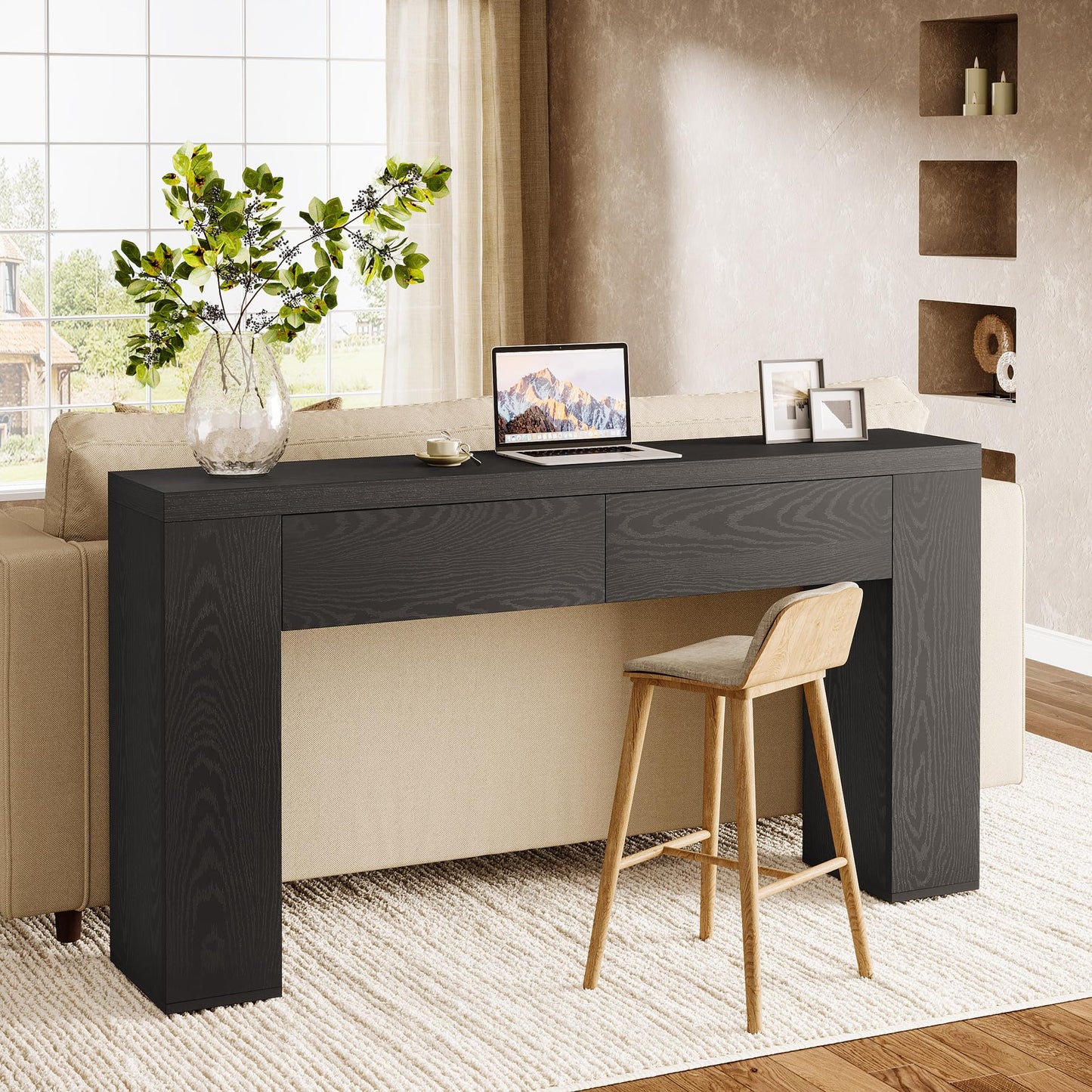 Tribesigns 63-Inch Wooden Console Table with 2 Hidden Drawers, Farmhouse Rustic Brown Sofa Table for Living Room, Hallway, Entrance, Foyer, Easy Assembly (Brown)