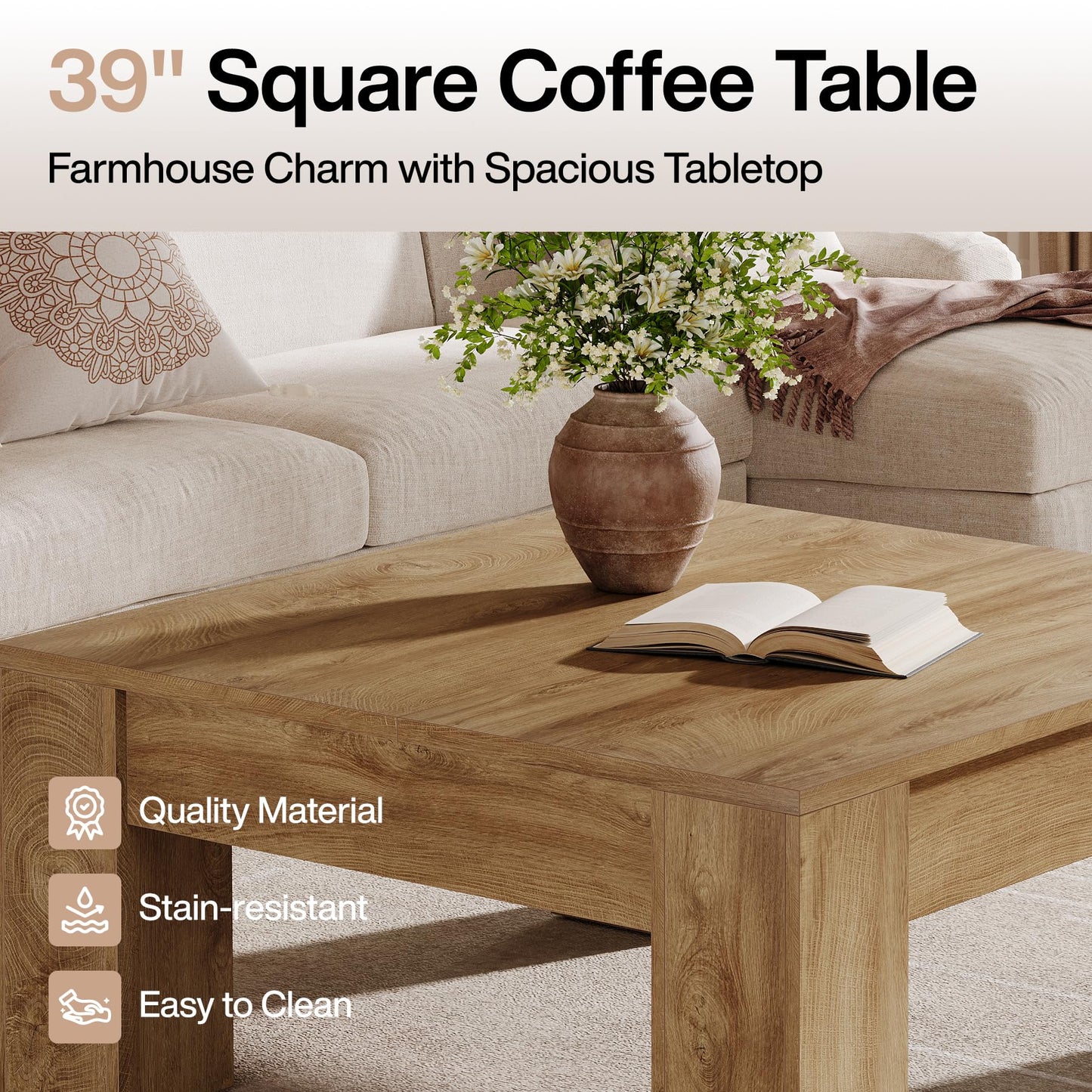 Tribesigns Square Coffee Table, 39-Inch Farmhouse Wooden Coffee Table with Sturdy Legs, Rustic Accent Center Table for Living Room, Easy Assembly, Light Brown