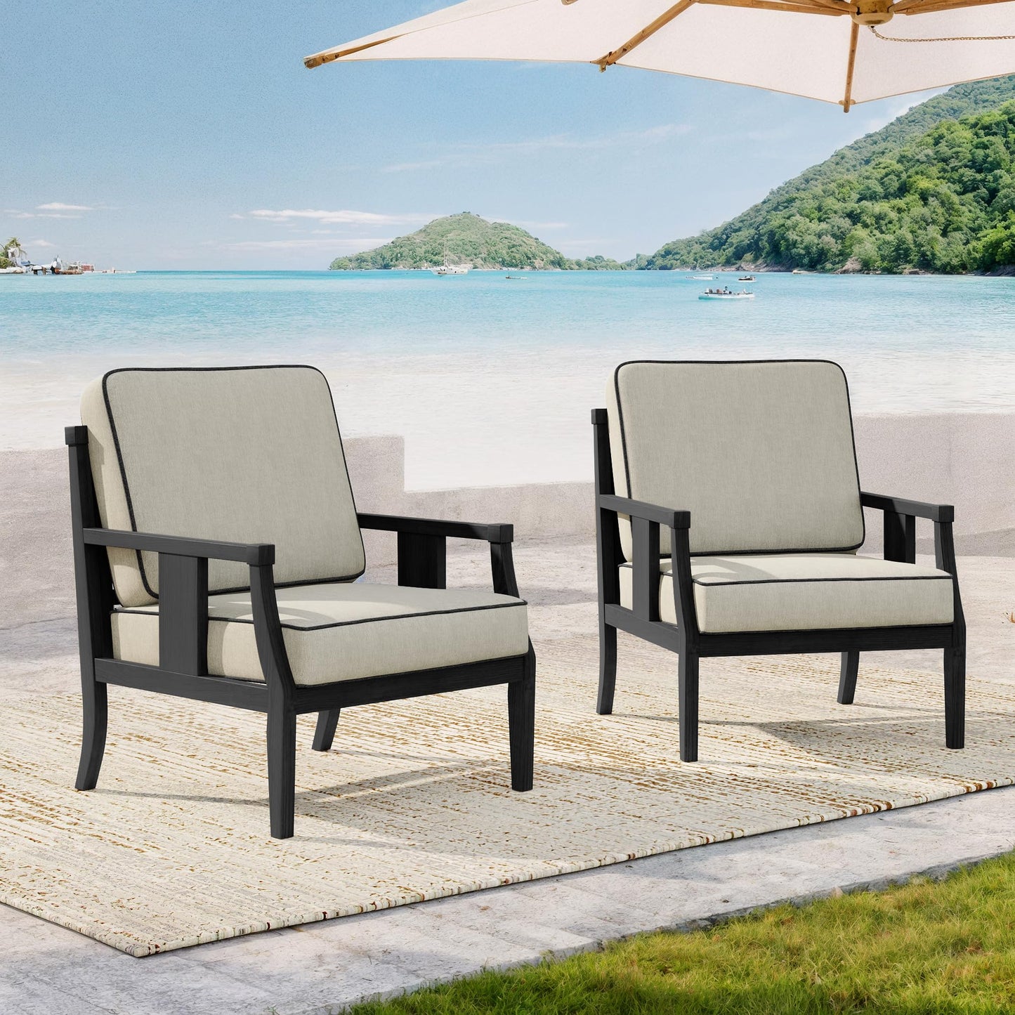 Outdoor Patio Armchairs Set of 2, All-Weather Solid Wood Patio Furniture Sets, Outdoor Sofa Chairs with Washable Thick Cushions for Porch, Balcony, Deck, Black Frame & Gray Cushion