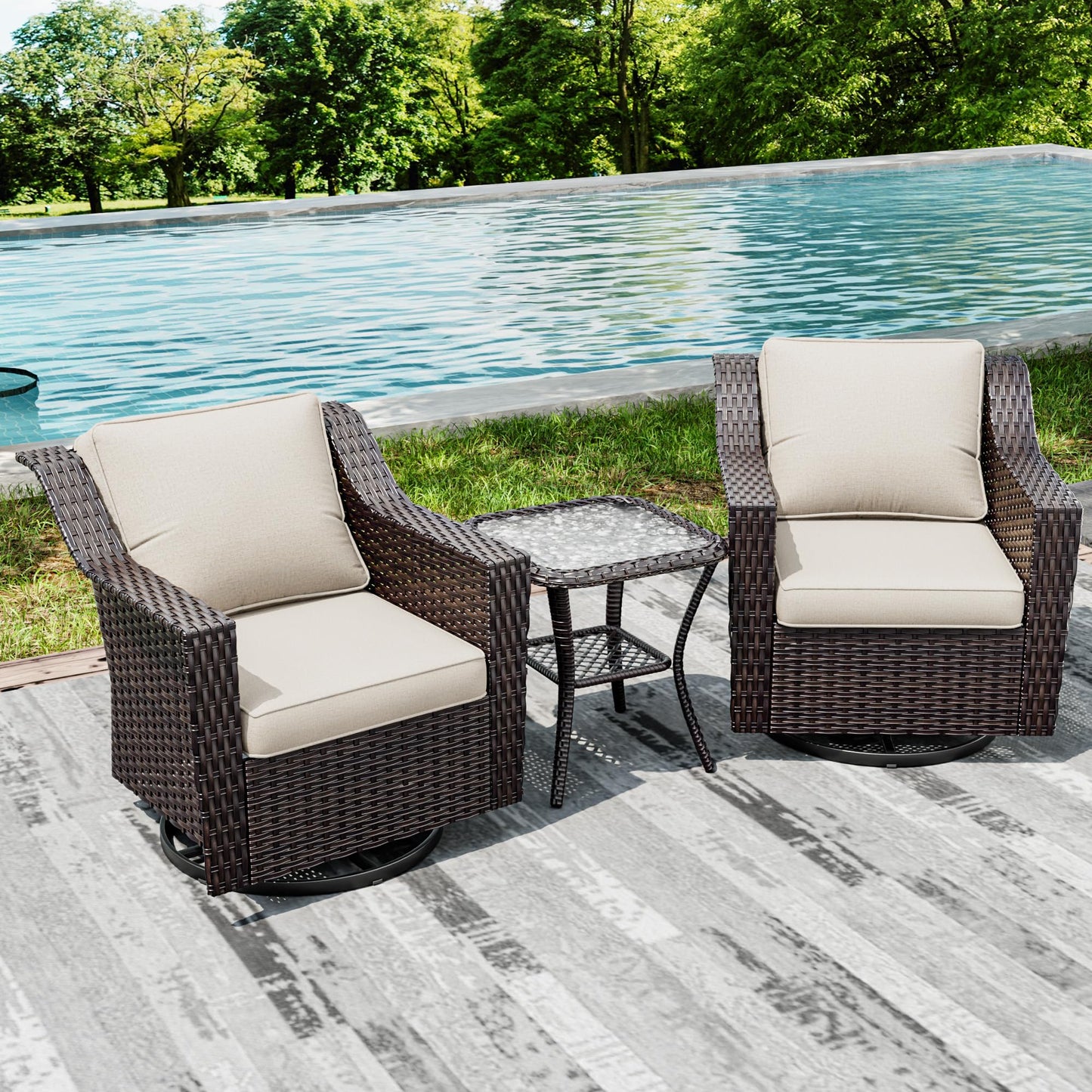 Joyside Patio Sofa - 3 Seater Rattan Sofa, All Weather High Back Sofa, Upgraded Large Size with 4inch Seat Cushions for Backyard, Garden, Poolside (Brown/Blue)