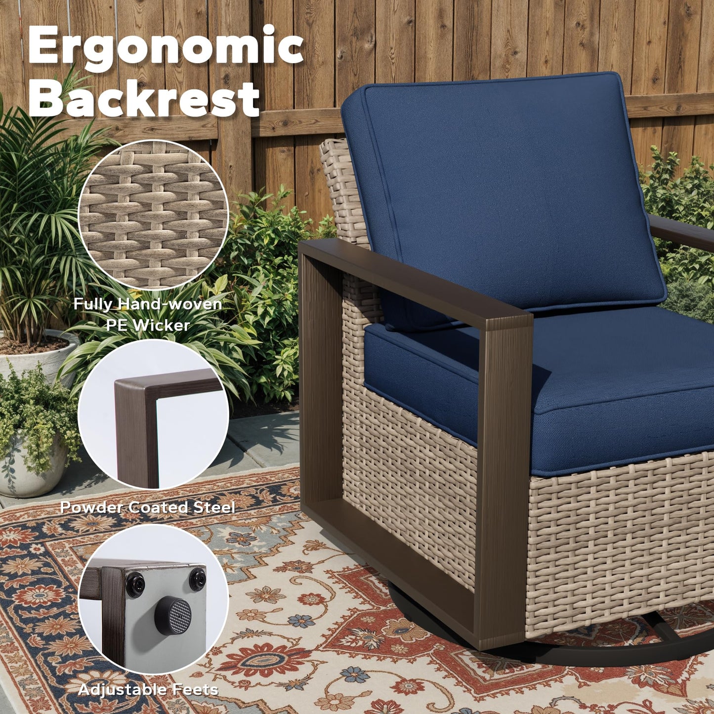 Joyside Outdoor Patio Swivel Rocker Chairs, 3 Pieces Wicker Furniture Set, 2 Swivel Rocking Chairs and 1 Table, Metal Wide Armrest, Thick Cushions and Deep Seating for Garden, Backyard, Porch, Deck