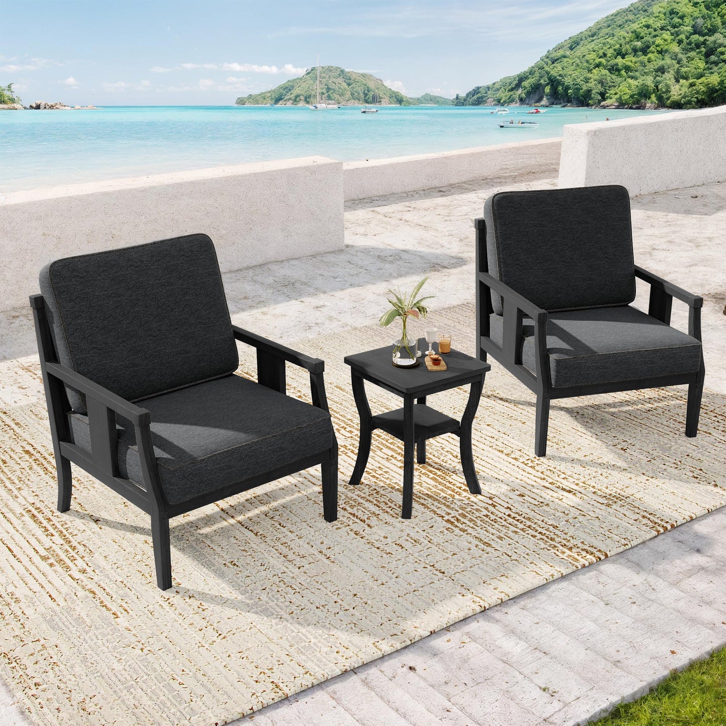 Outdoor Patio Armchairs Set of 2, All-Weather Solid Wood Patio Furniture Sets, Outdoor Sofa Chairs with Washable Thick Cushions for Porch, Balcony, Deck, Black Frame & Gray Cushion
