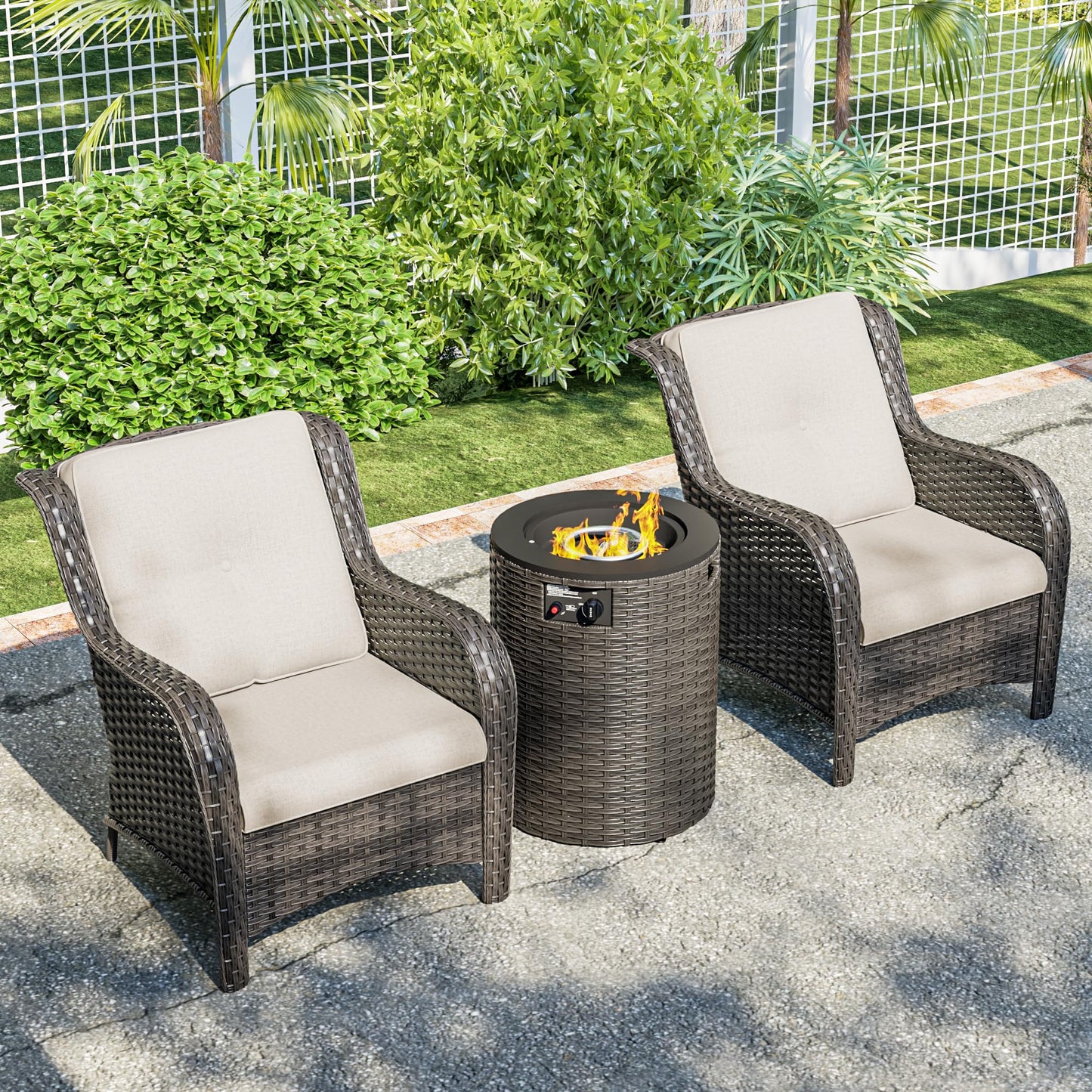 Joyside Patio Furniture Set with Fire Pit Table, 3 Piece Outdoor Wicker Conversation Sets with High Back, Thickened Cushions, Rattan Sectional for Porch, Lawn Use (Red)