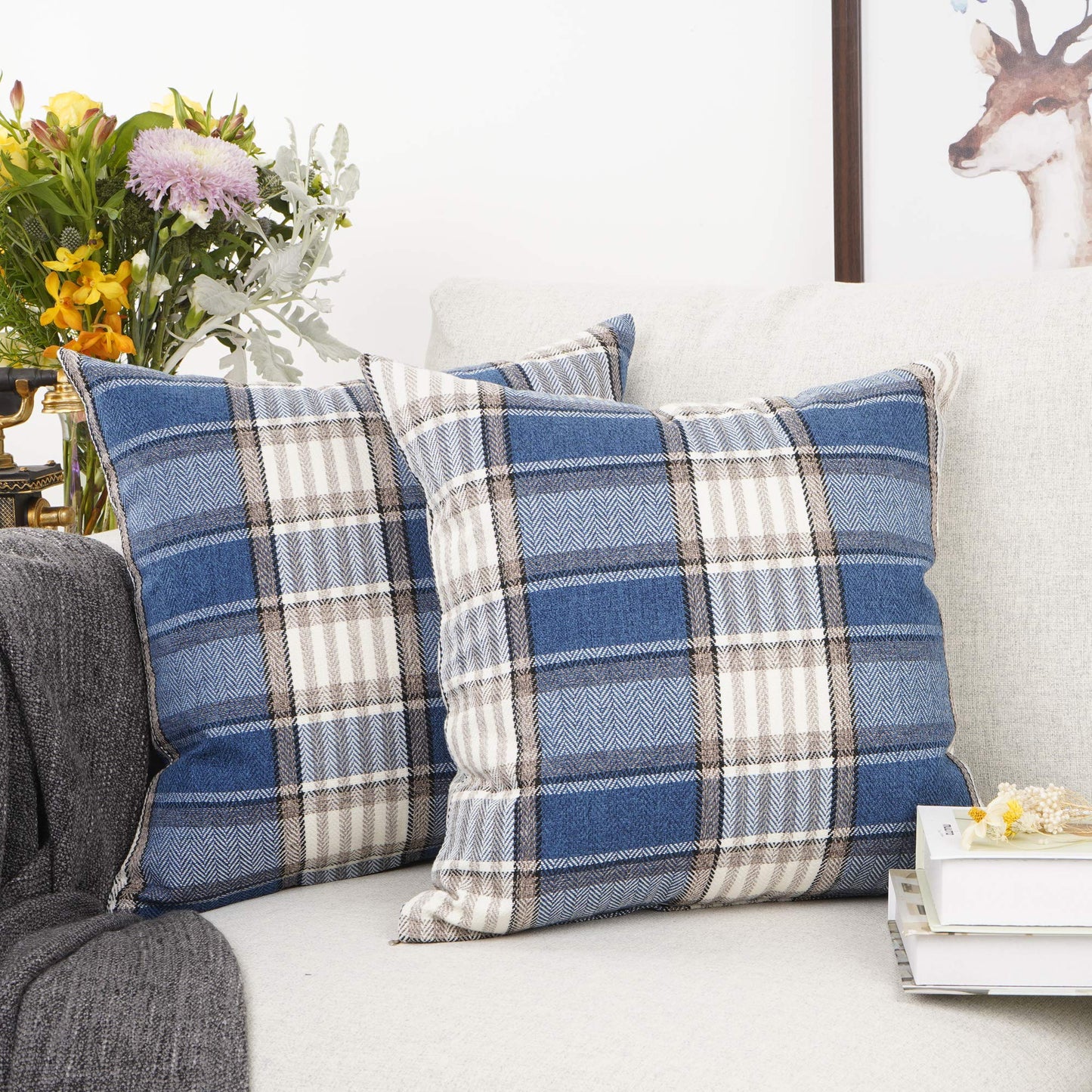 YOUR SMILE Retro Farmhouse Outdoor Buffalo Tartan Chequer Plaid Cotton Linen Decorative Throw Pillow Case Cushion Cover Pillowcase for Sofa 18 x 18 Inch, Set of 2, Khaki/Stripe