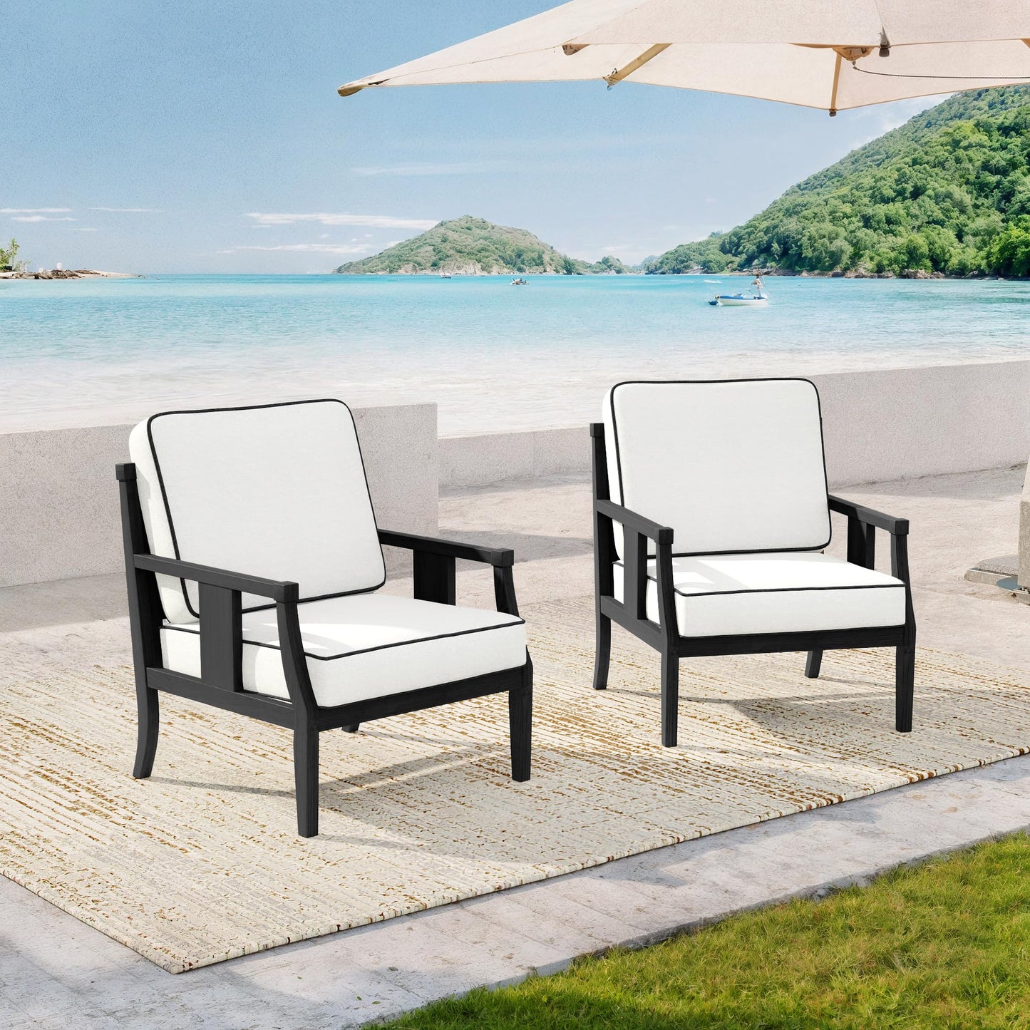 Outdoor Patio Armchairs Set of 2, All-Weather Solid Wood Patio Furniture Sets, Outdoor Sofa Chairs with Washable Thick Cushions for Porch, Balcony, Deck, Black Frame & Gray Cushion