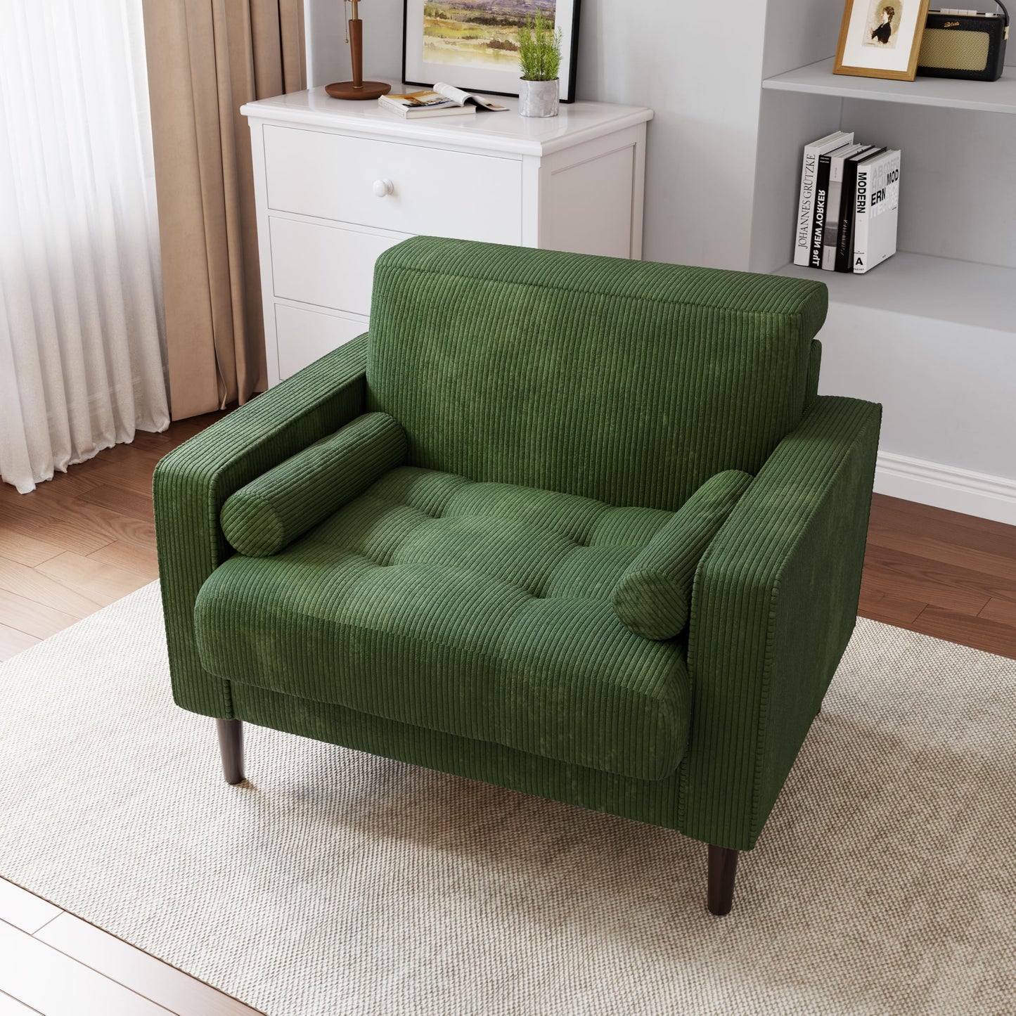 34.5" Arm Chair, Corduroy Fabric Modern Accent Chair, Comfy Upholstered Armchair Reading Chair with Solid Wood Legs for Living Room Bedroom Office, Yellow