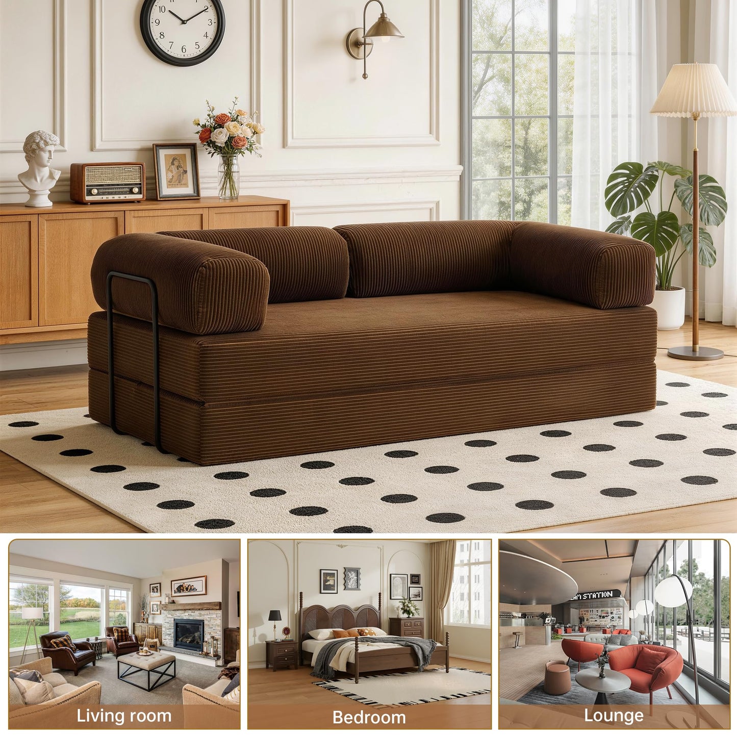 79'' Convertible Sleeper Sofa Bed, 4-in-1 Corduroy Folding Floor Couch, No Assembly Modular Boneless Loveseat with Pull Out Bed, Comfy Foldable Sofa Bed for Living Room Bedroom Guest Room, Gray