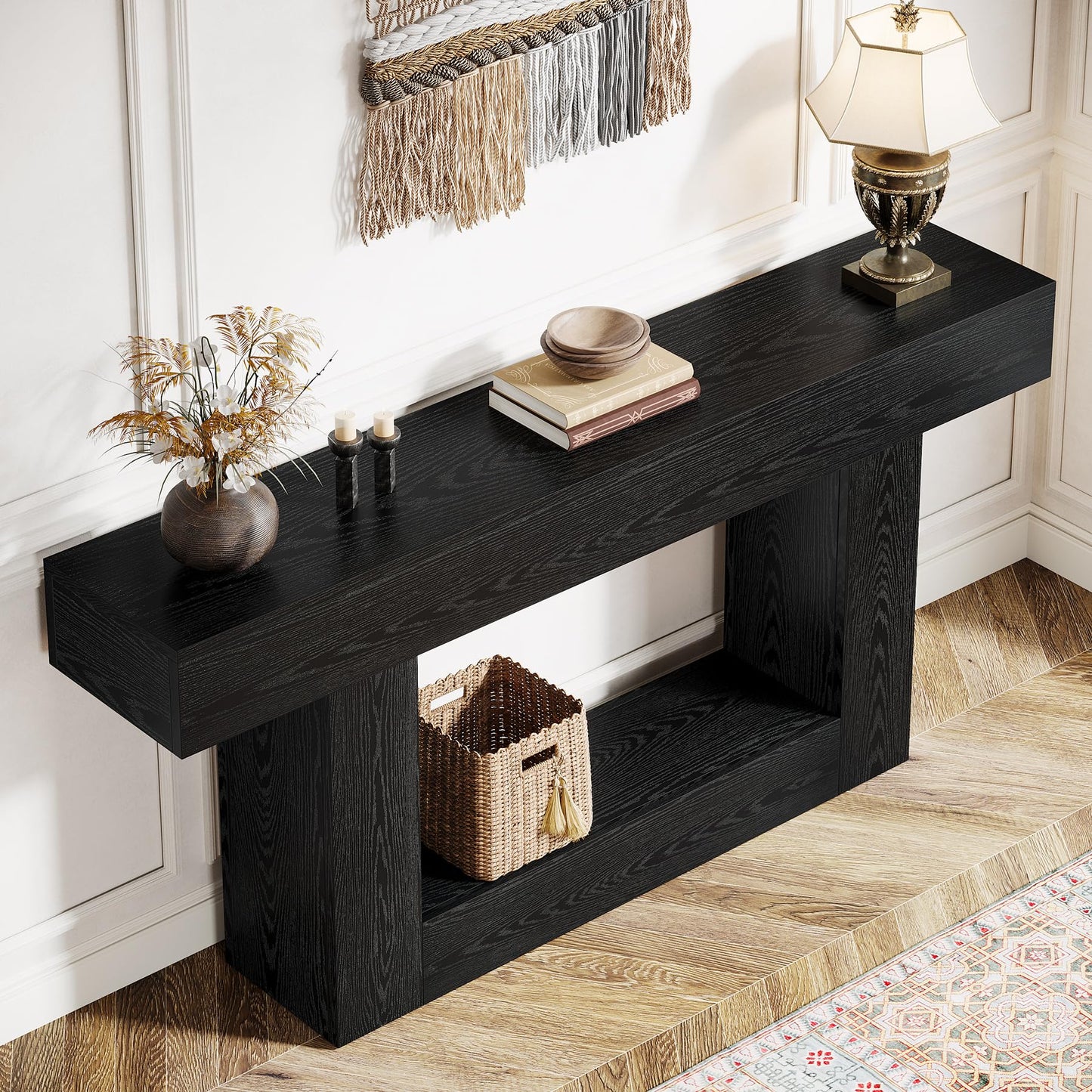 Tribesigns 63" Console Table, Farmhouse 2-Tier Entryway Table with U-Shaped Base, Narrow Long Wood Sofa Table Behind Couch Table for Living Room, Hallway, Foyer, Vintage Brown & Gray | Farmhouse