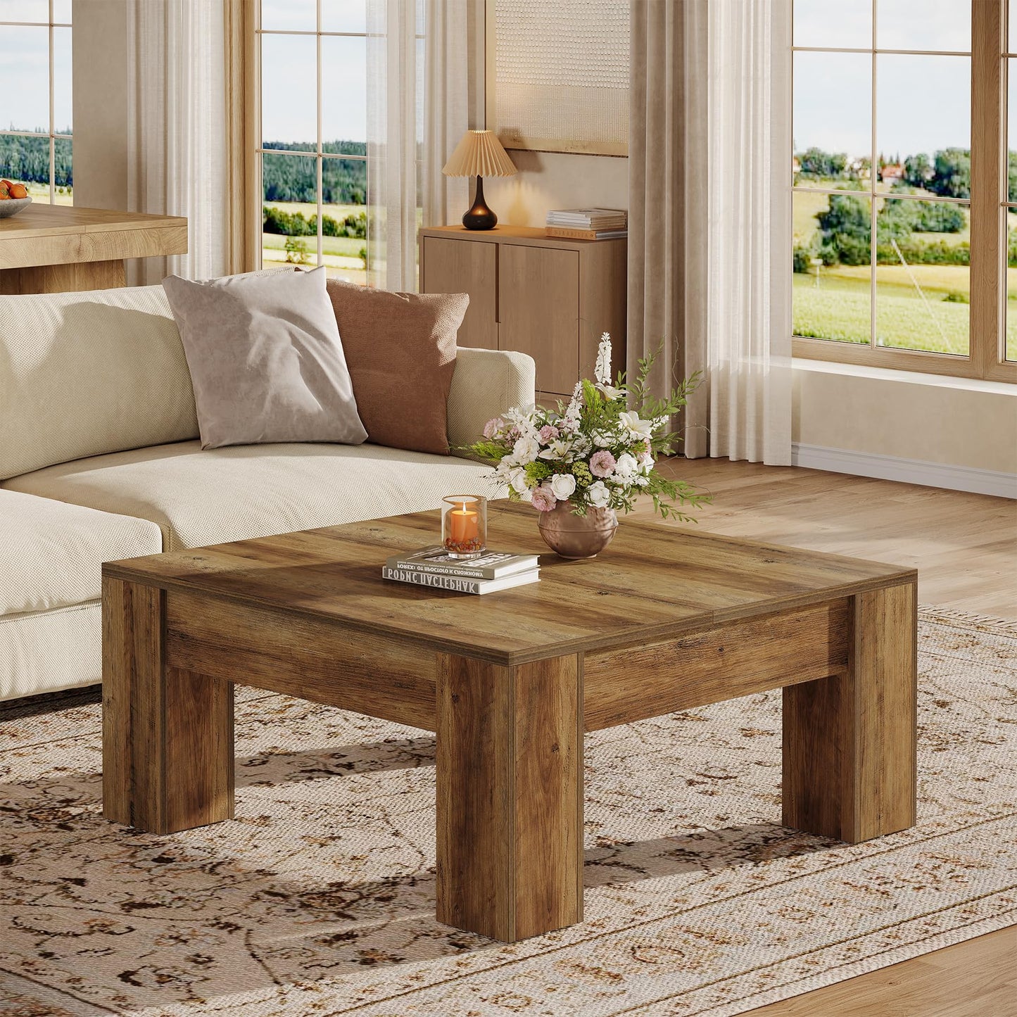 Tribesigns Square Coffee Table, 39-Inch Farmhouse Wooden Coffee Table with Sturdy Legs, Rustic Accent Center Table for Living Room, Easy Assembly, Light Brown